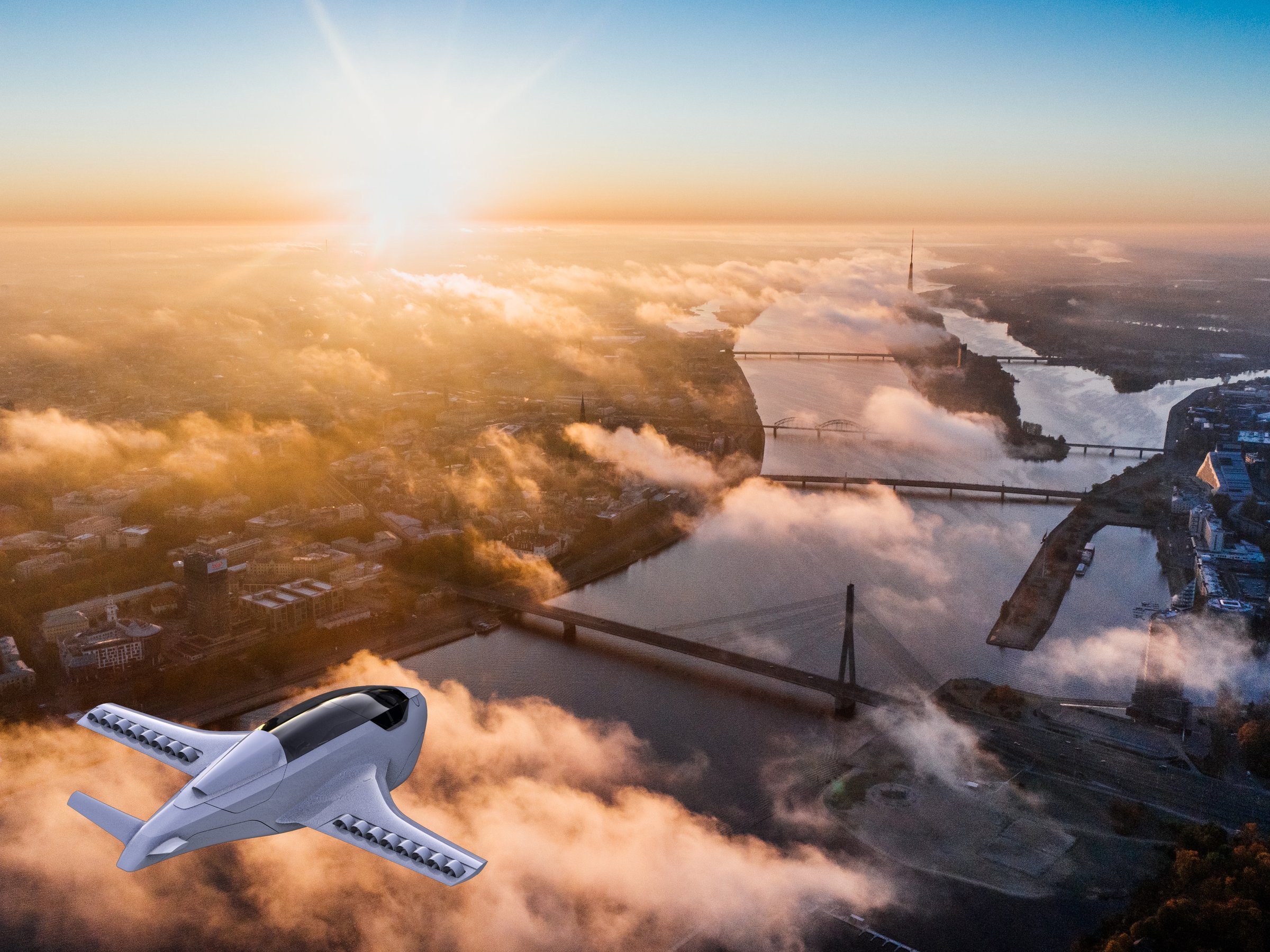 Alkonos ducted-fan eVTOL over a misty river city at dawn