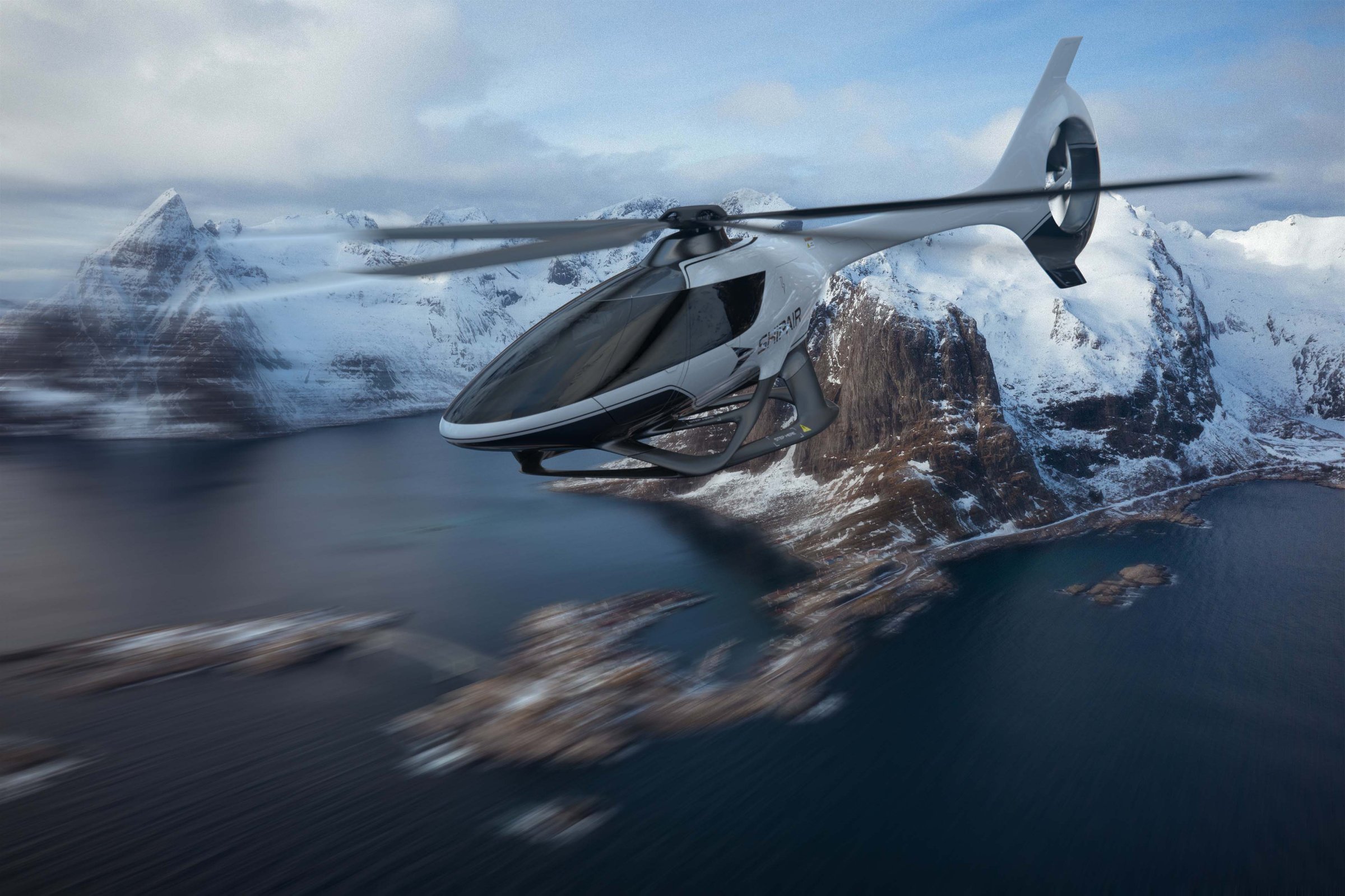 Heliexp light helicopter over a snowy fjord