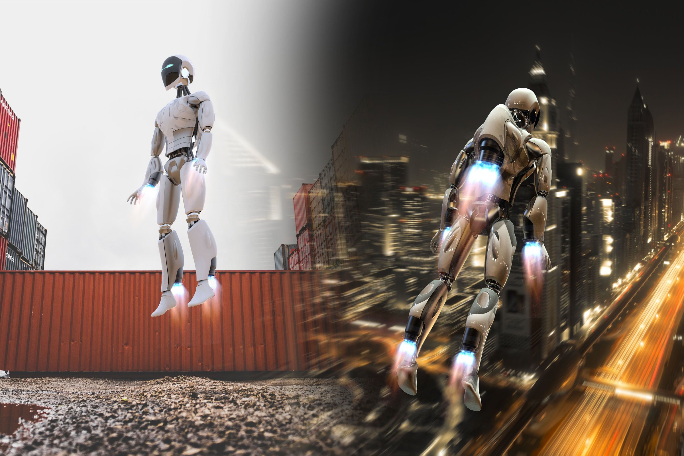Rocketbot personal jet-propulsion suits over the city