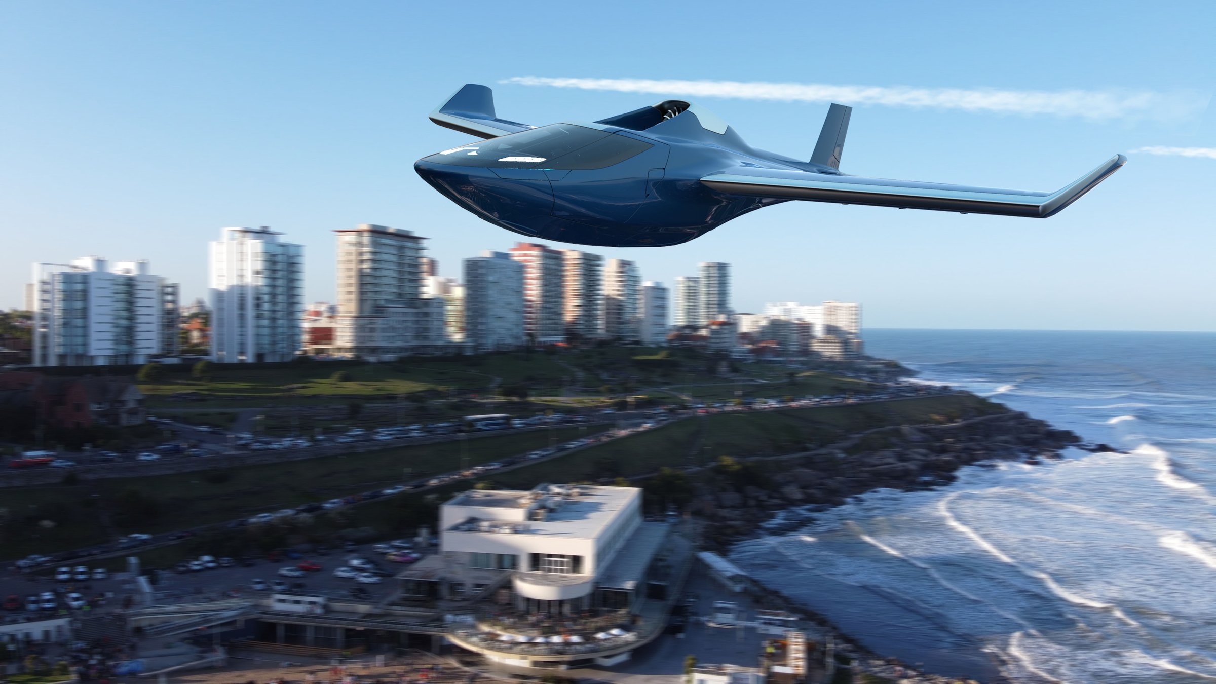 Tailless coastal seaplane concept over the shore