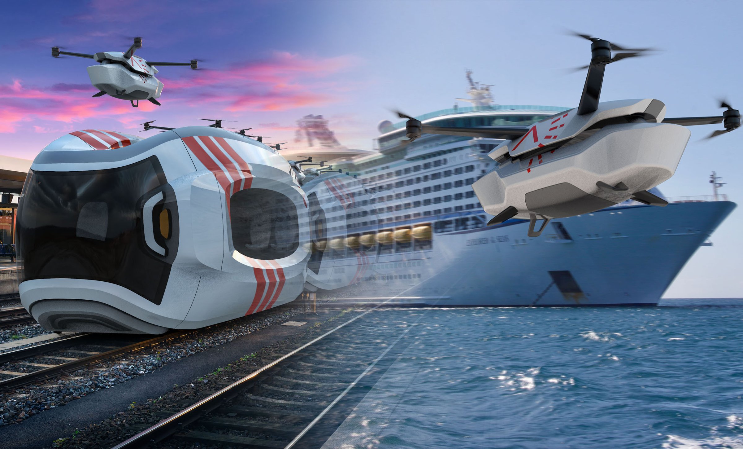 Multimodal transport vision: high-speed train, eVTOL pods and ship