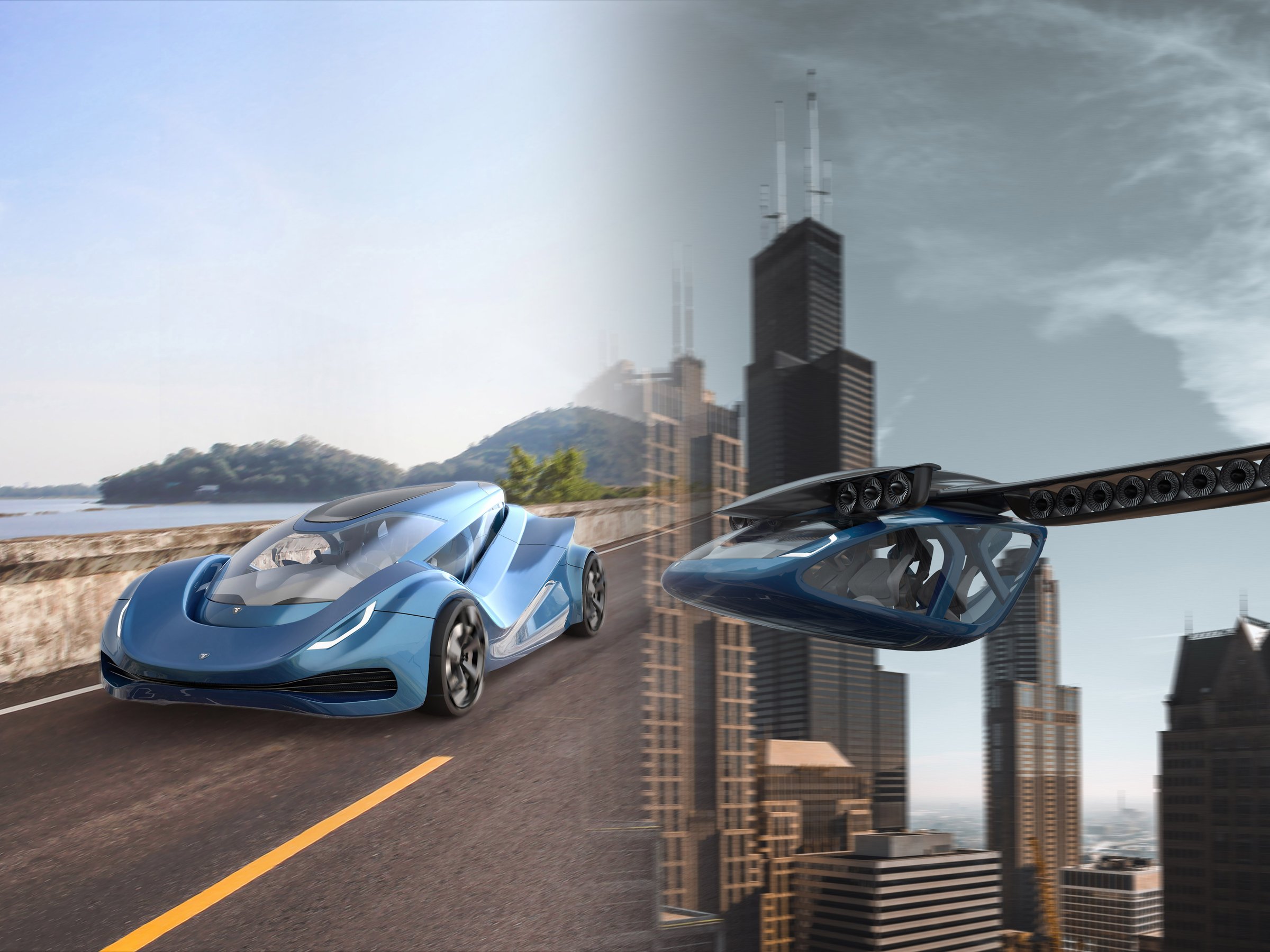 Transvolution road-to-air transforming vehicle over the city