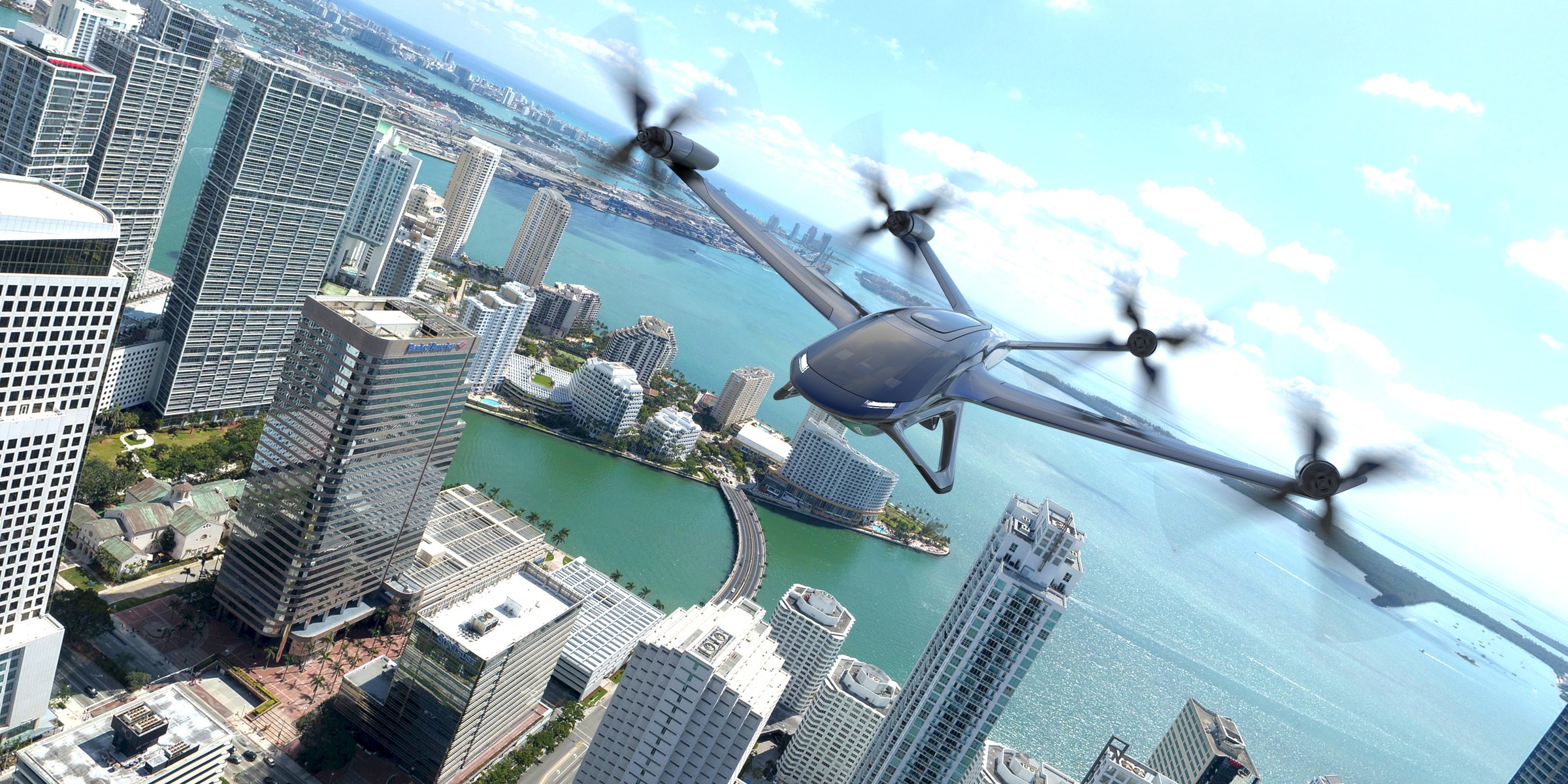 Up tiltrotor air taxi over Miami