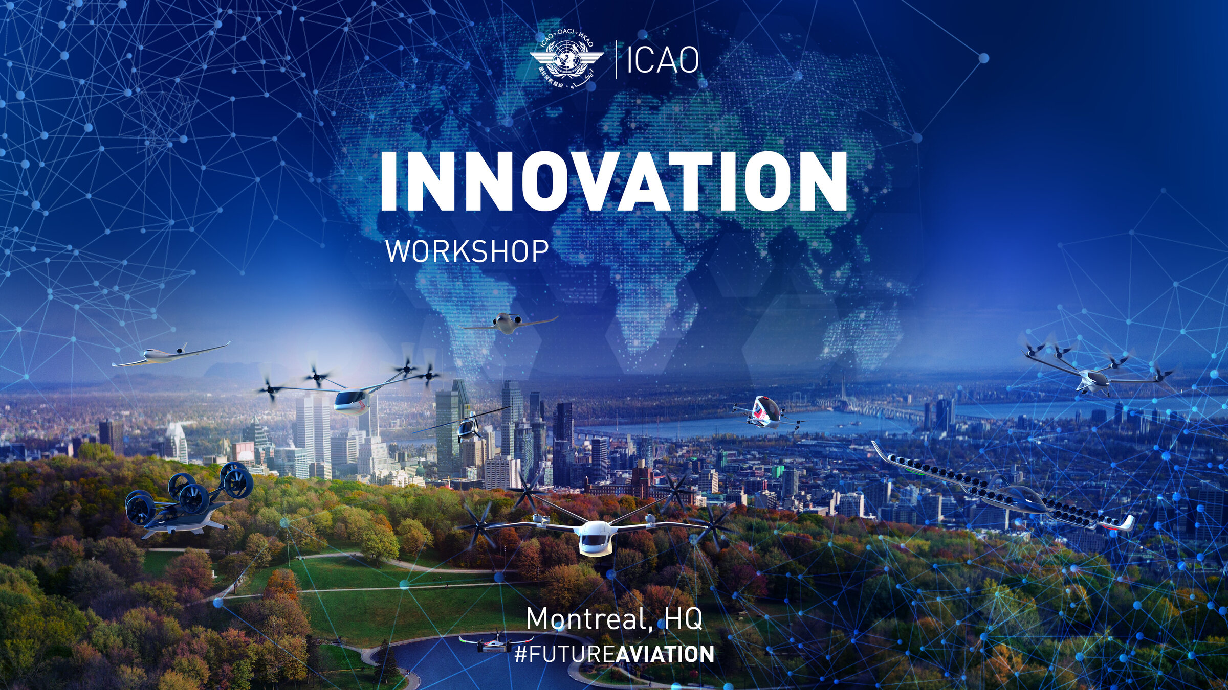 ICAO Innovation Workshop key visual, eVTOL fleet over Montreal