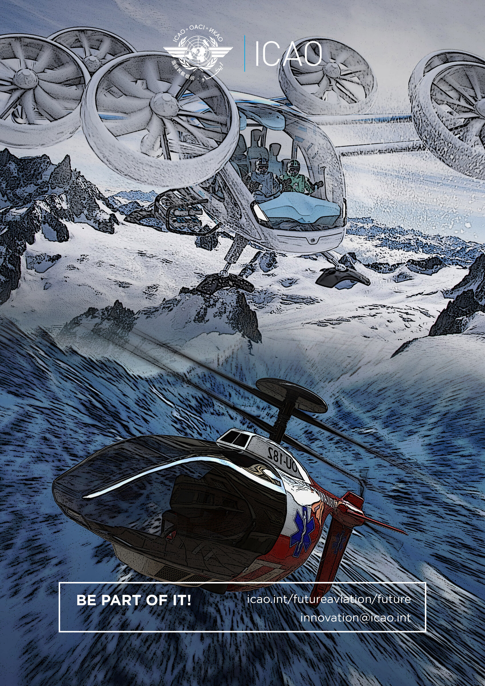ICAO Be Part Of It poster with eVTOLs over mountains