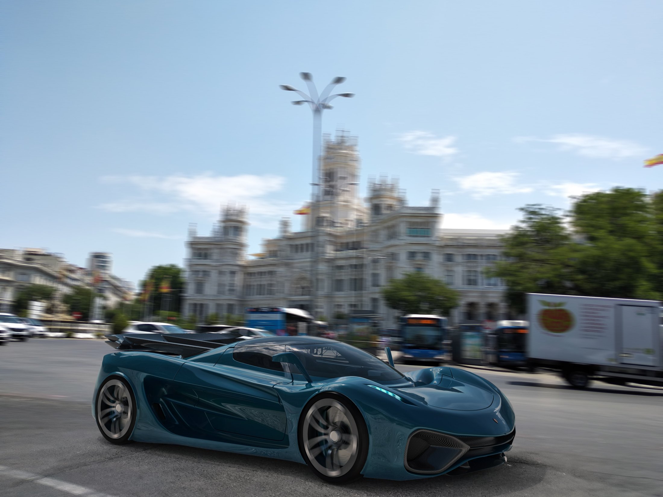 Koenigsegg concept moving past the Palacio de Cibeles in Madrid