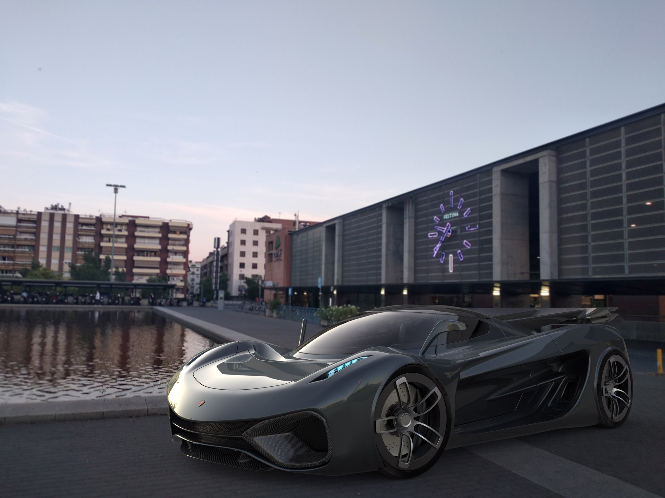 Koenigsegg concept at dusk beside a waterfront in Córdoba