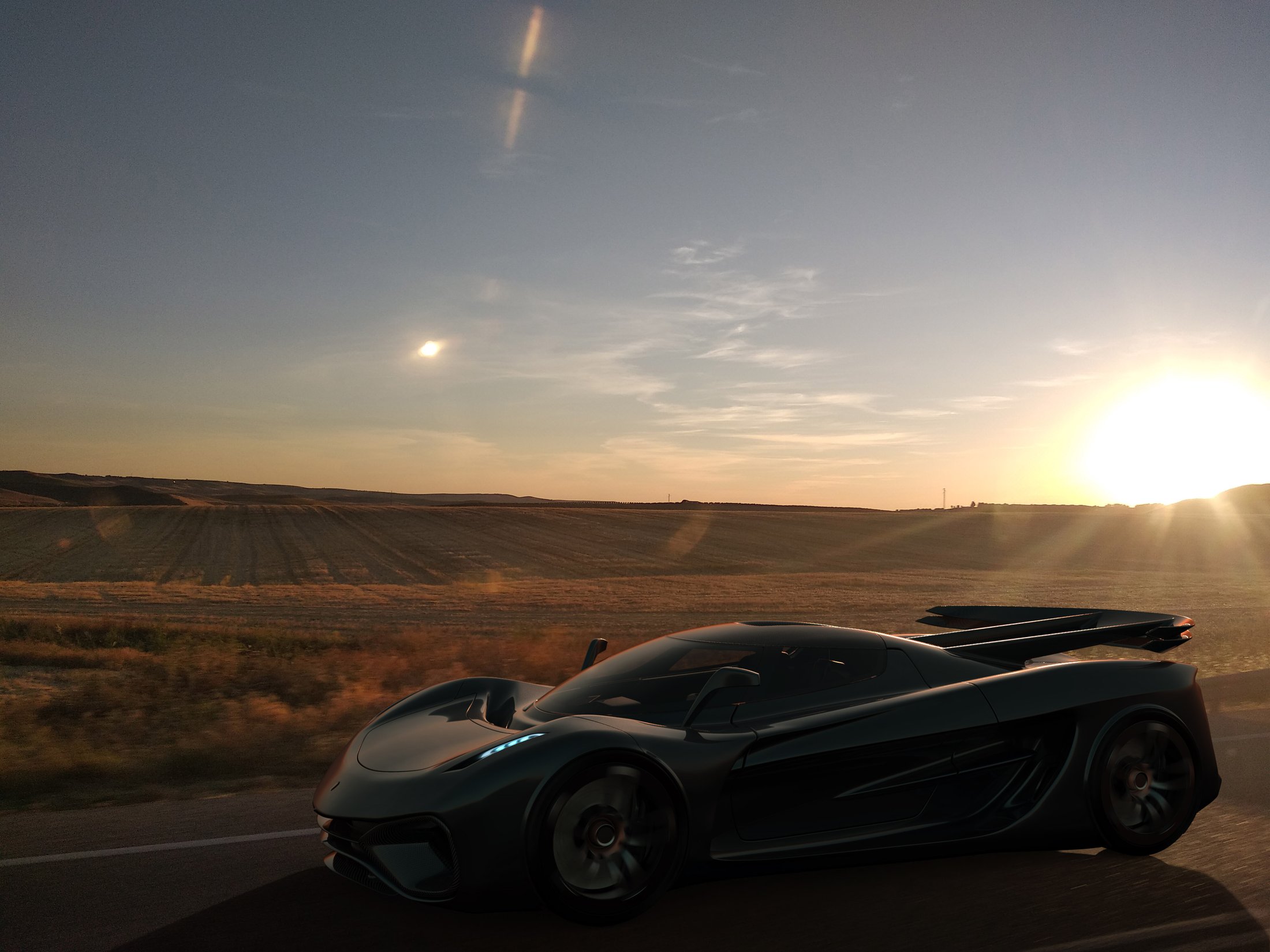 Koenigsegg concept on a road between Granada and Córdoba at sunset