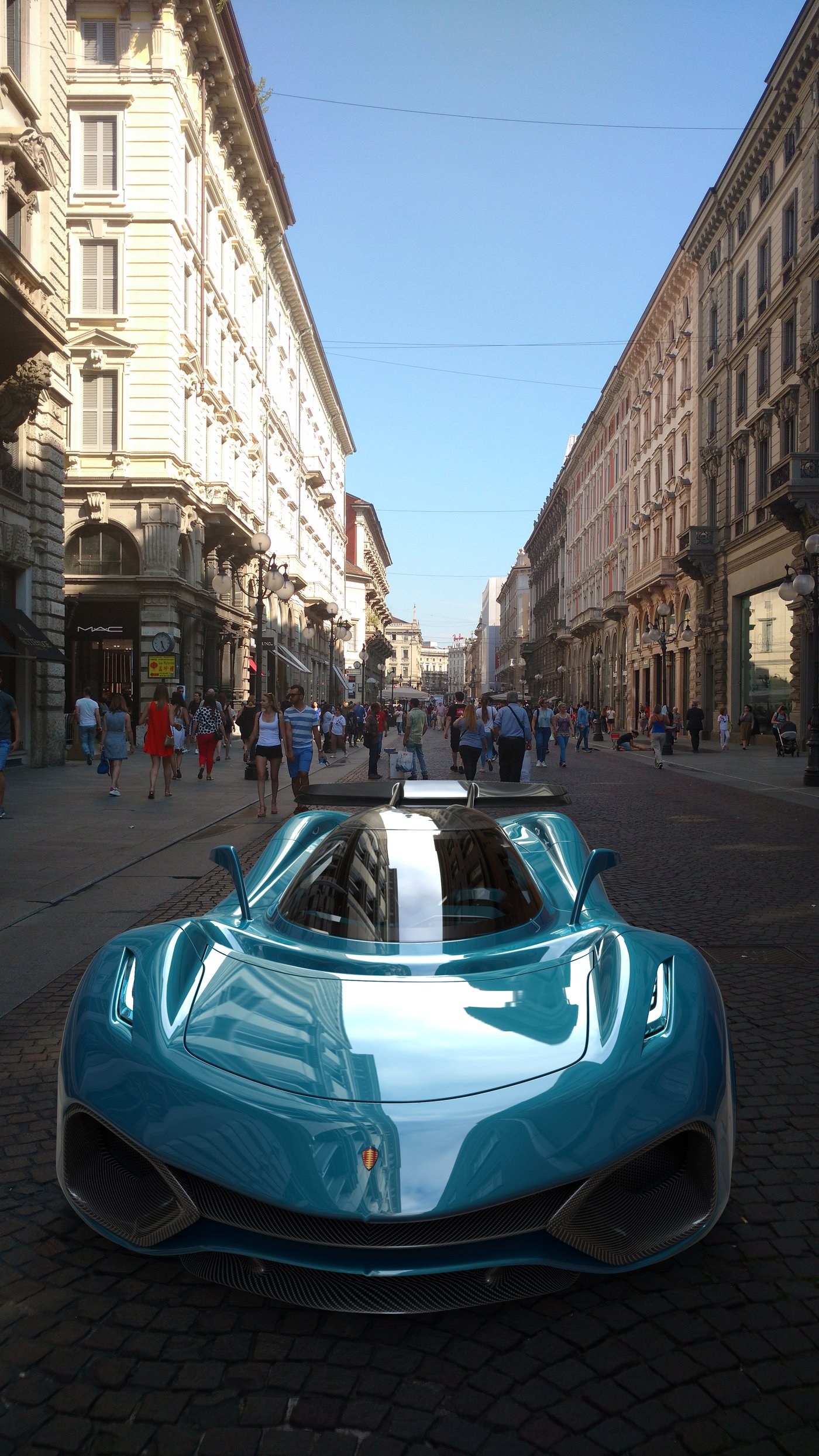 Koenigsegg concept head-on in a pedestrian street in Milan