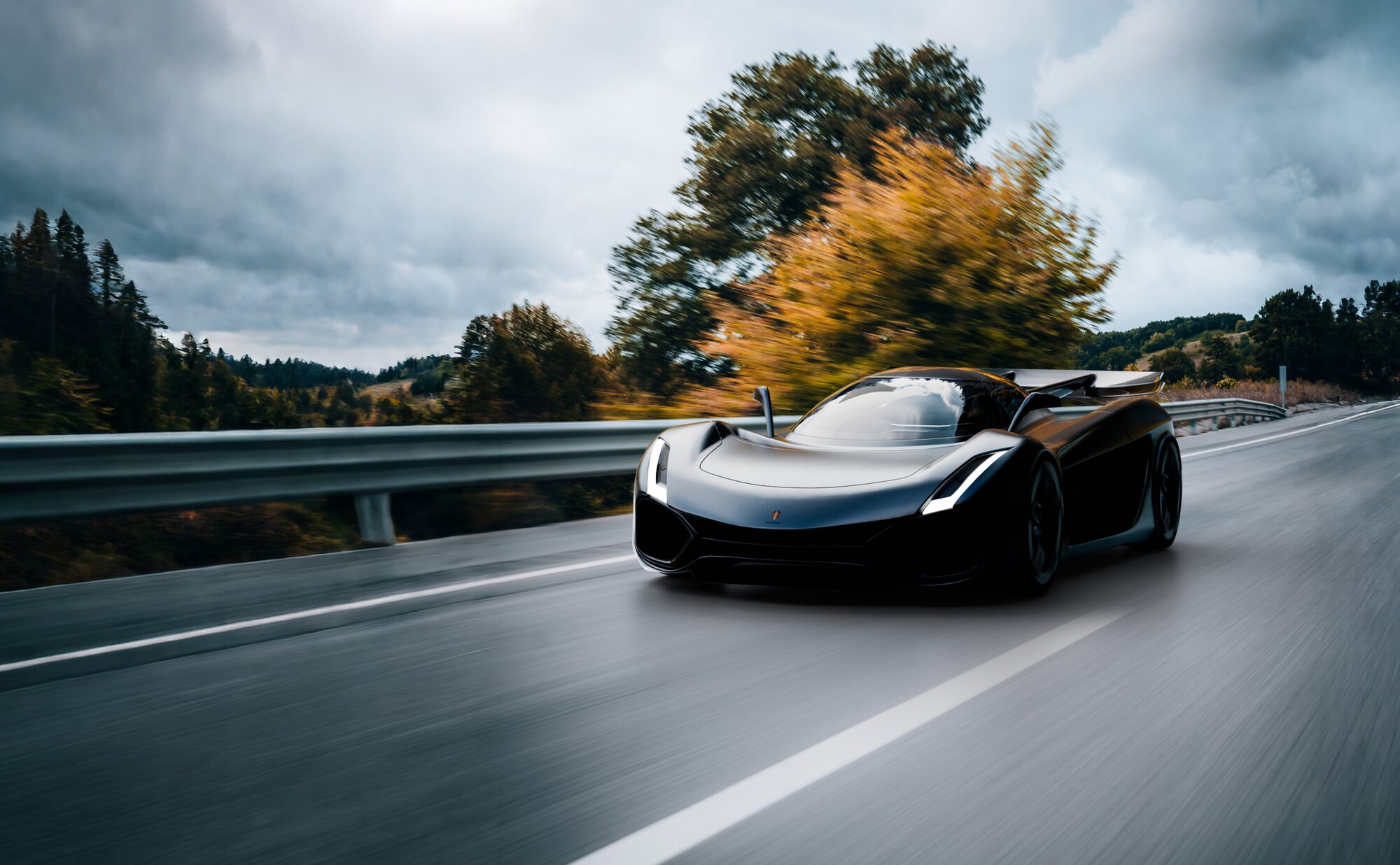 Koenigsegg concept in matte black on a mountain road