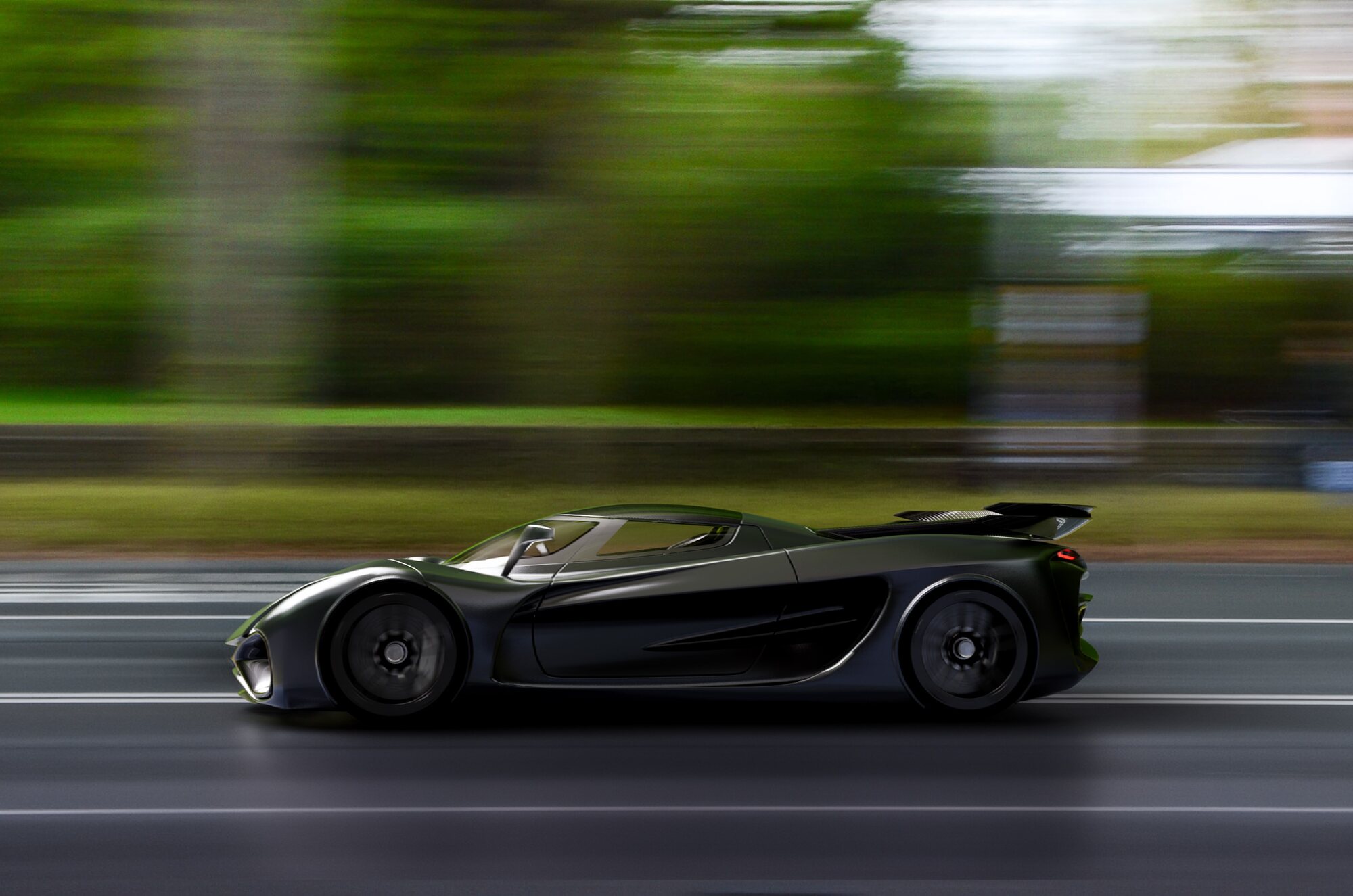 Koenigsegg concept in matte olive on a mountain road