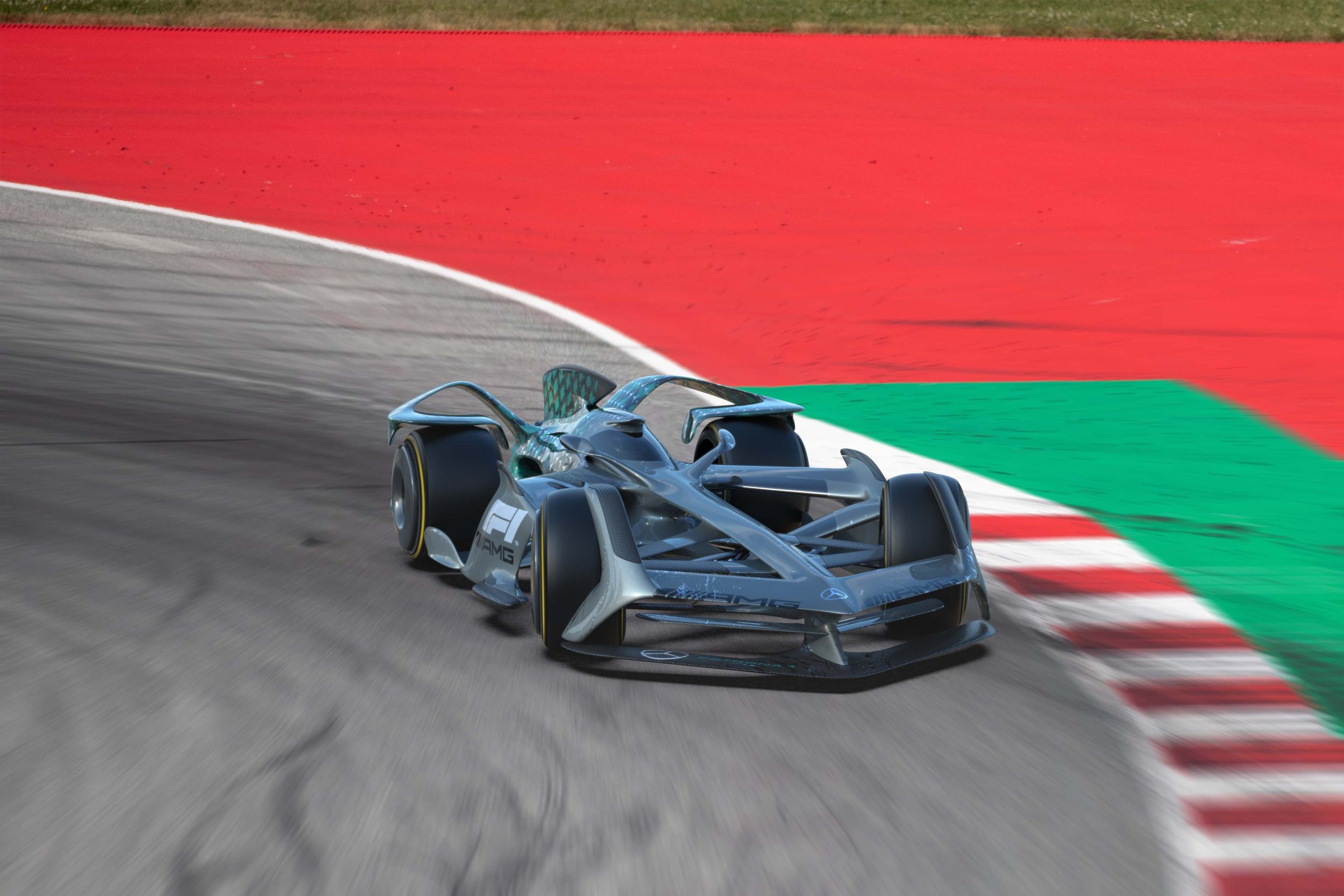 Mercedes-AMG F1 concept, front three-quarter on kerb