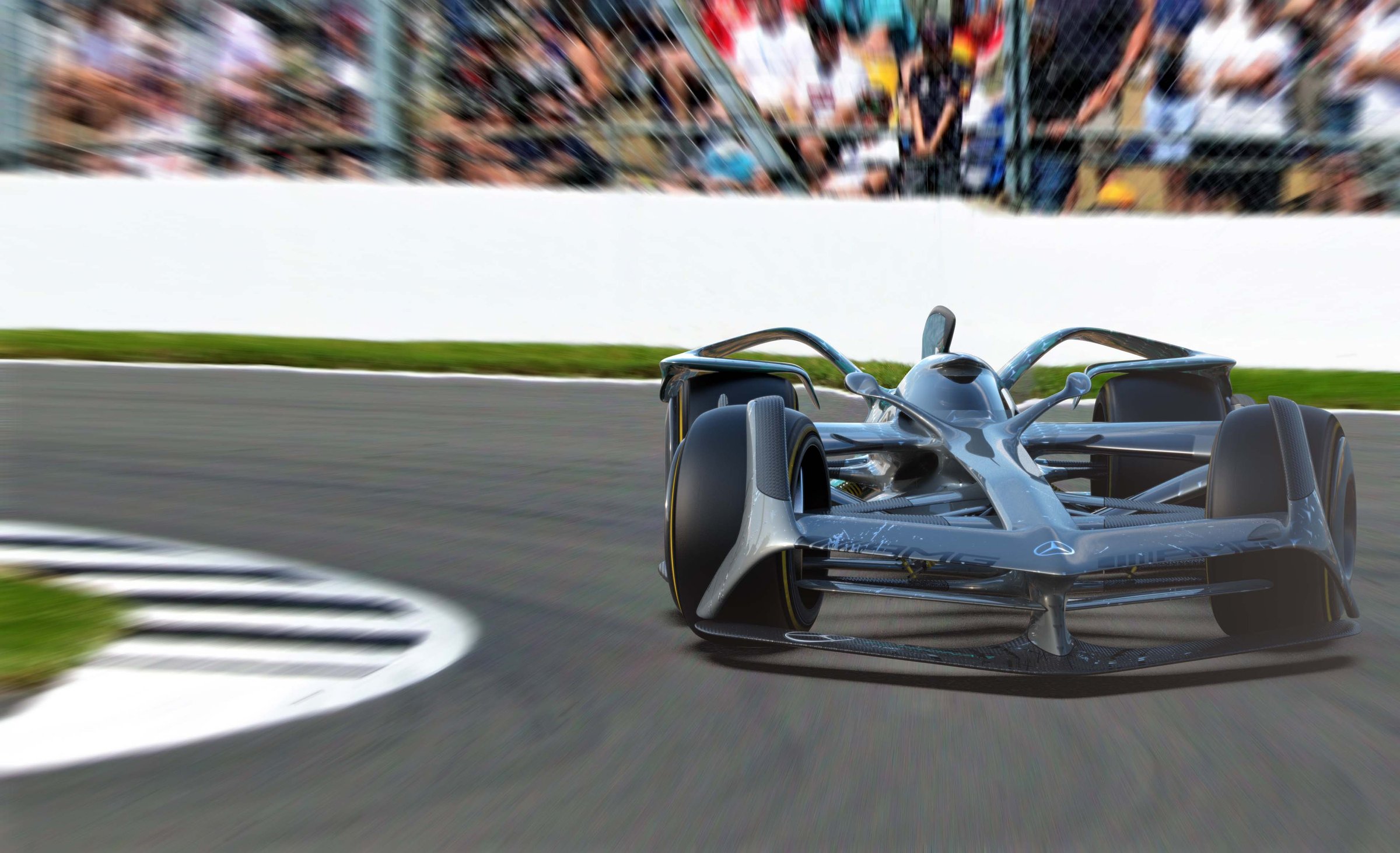Mercedes-AMG F1 concept, front view through a banked corner
