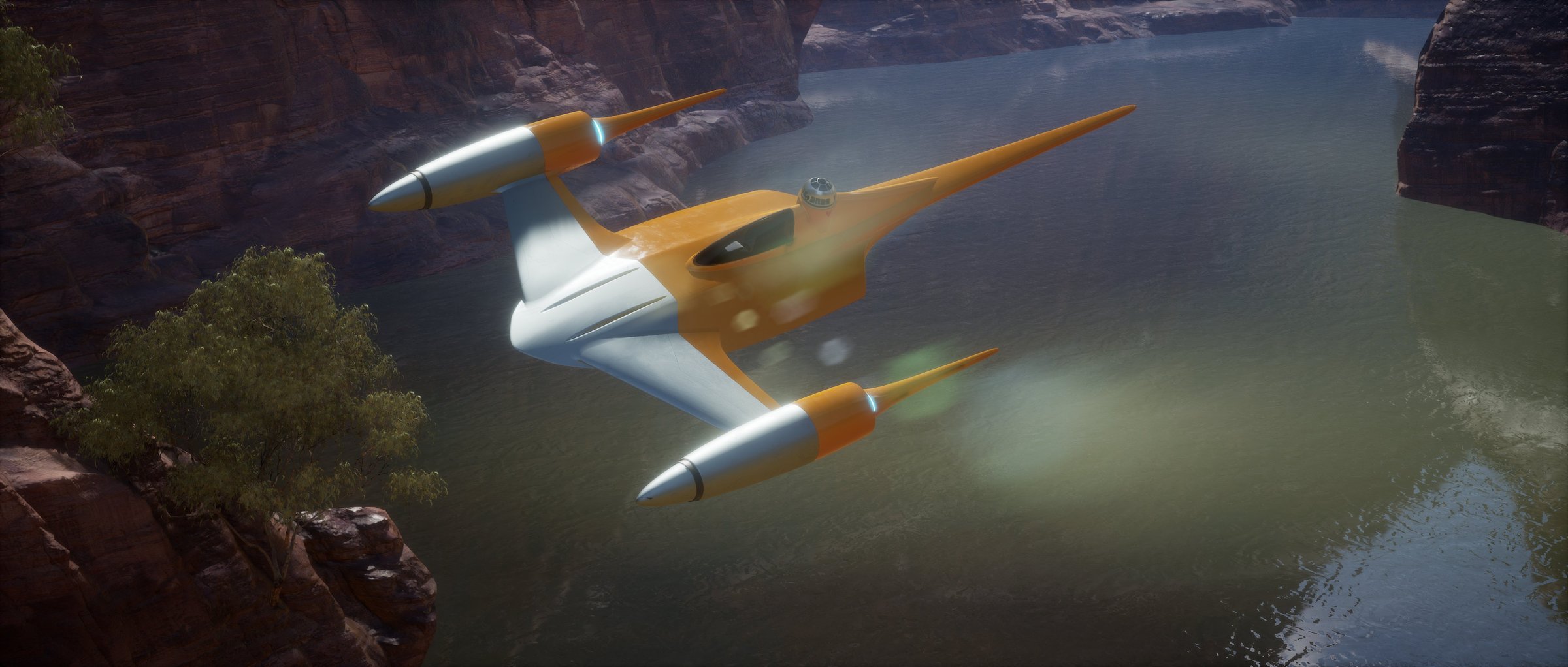 Naboo N-1 starfighter banking over canyon water