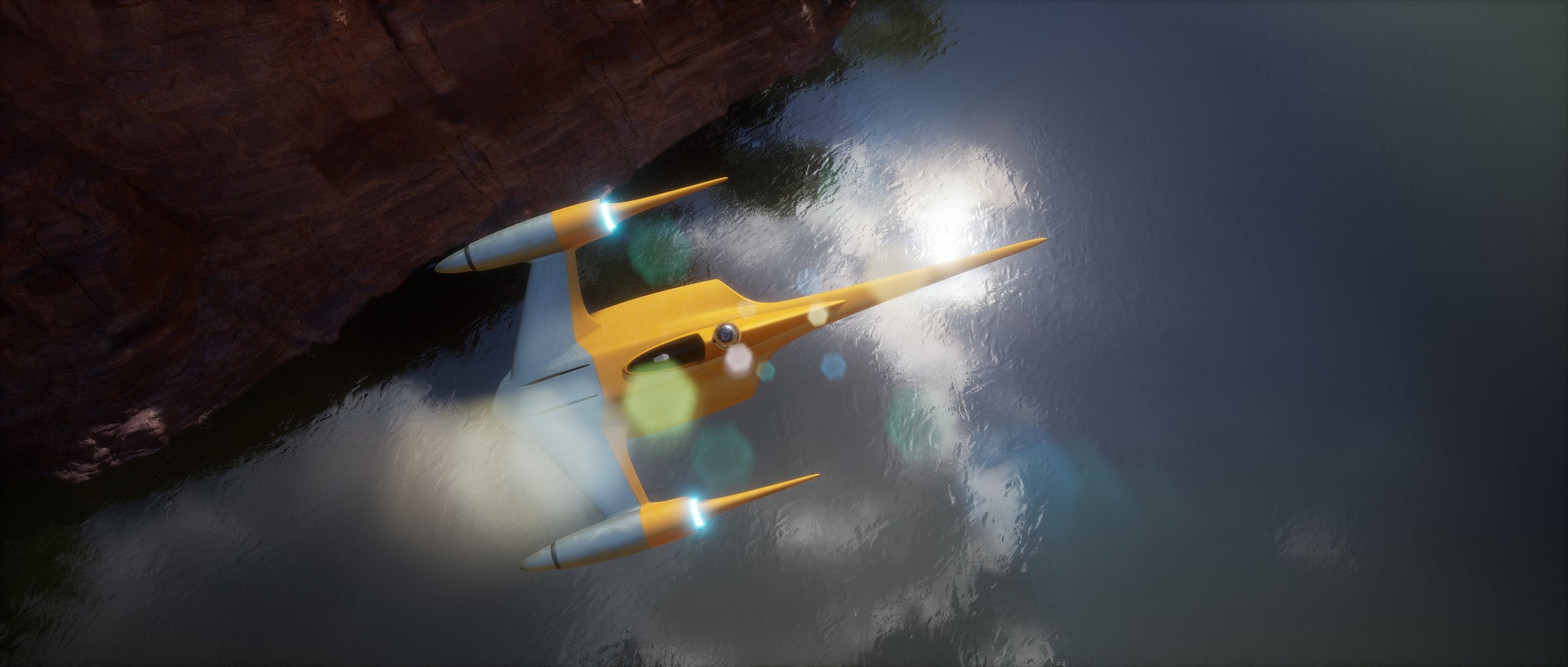 Naboo N-1 starfighter top-down over reflective water