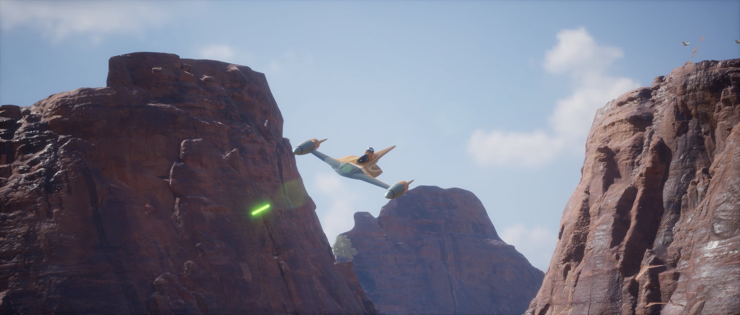 Naboo N-1 starfighter between red rock buttes with laser fire