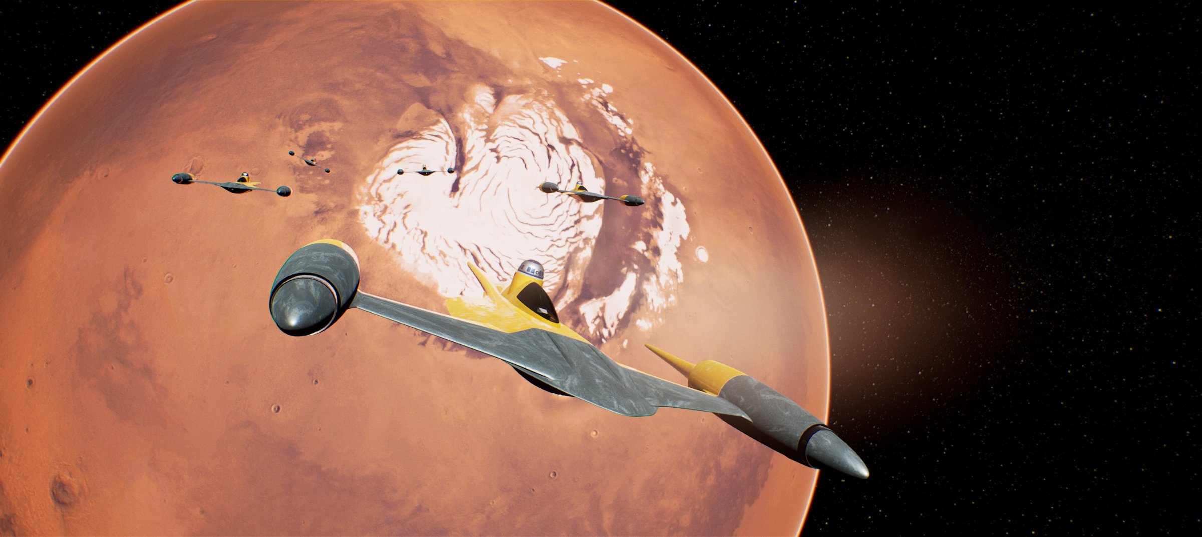 Naboo N-1 starfighters breaking orbit over a red planet