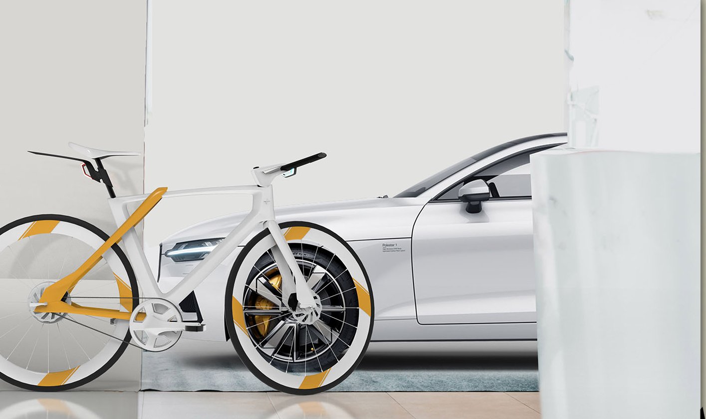 Polestar Constellation bike next to a Polestar car in a garage
