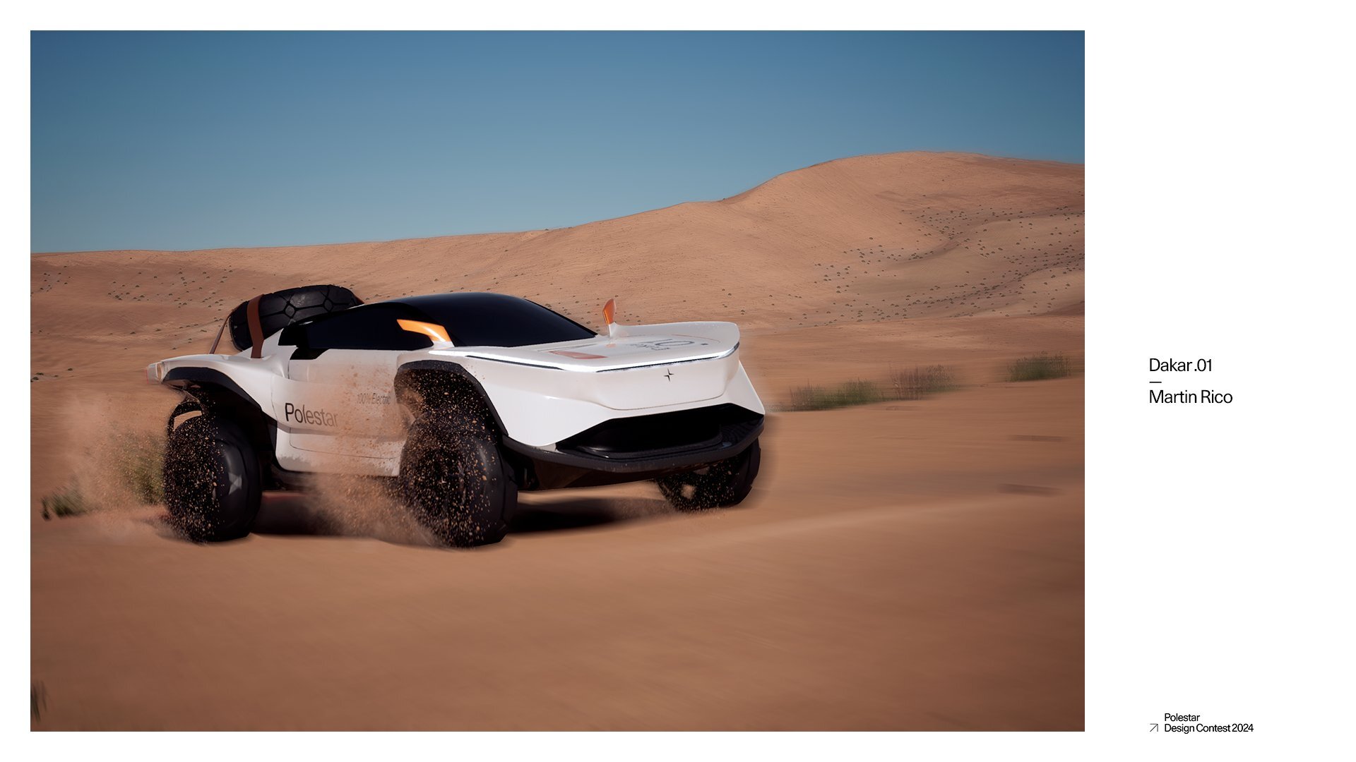 Polestar Dakar .01 in three-quarter front view kicking up dust across a desert at low sun