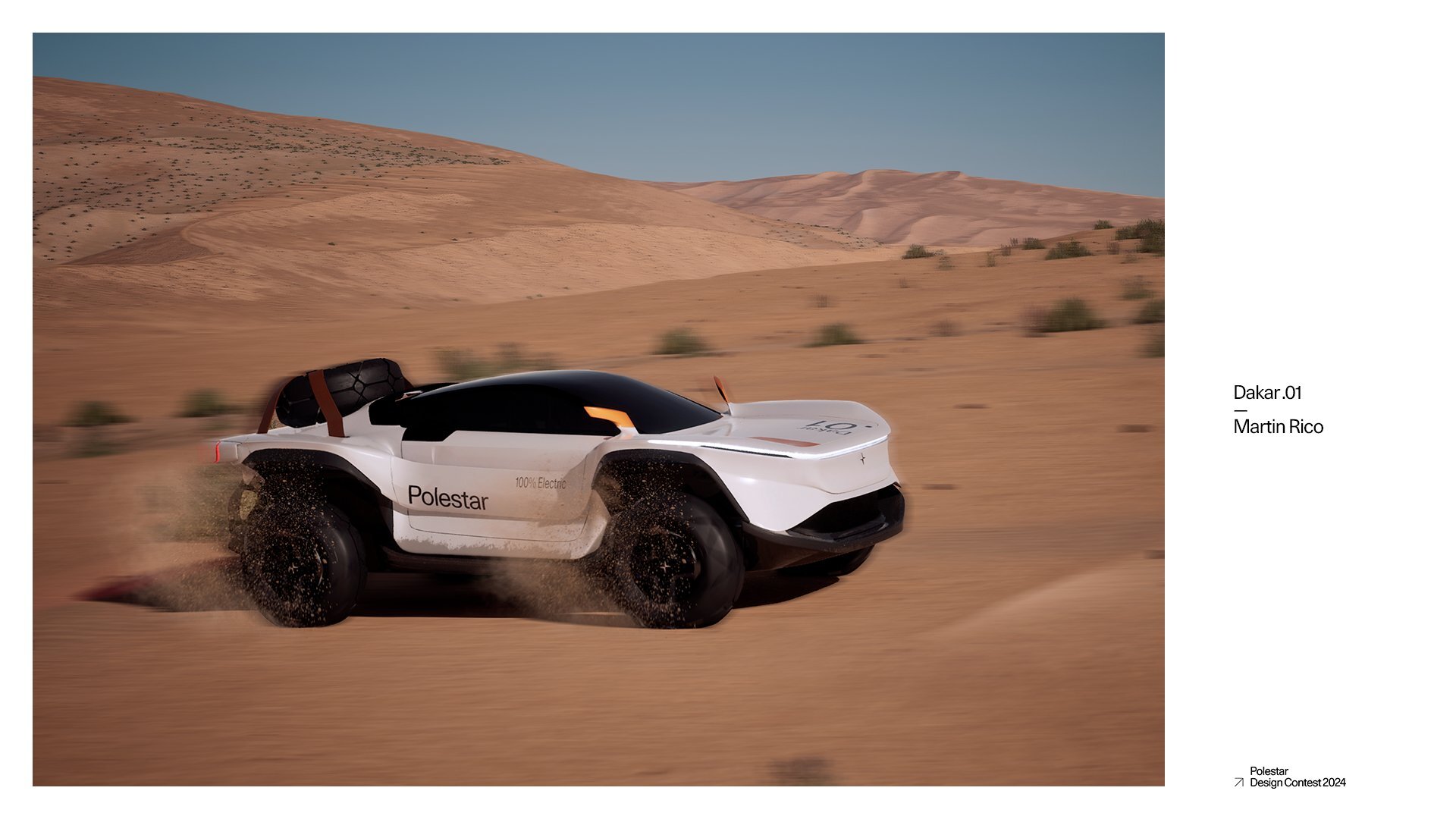 Polestar Dakar .01 airborne over a desert crest at sunset