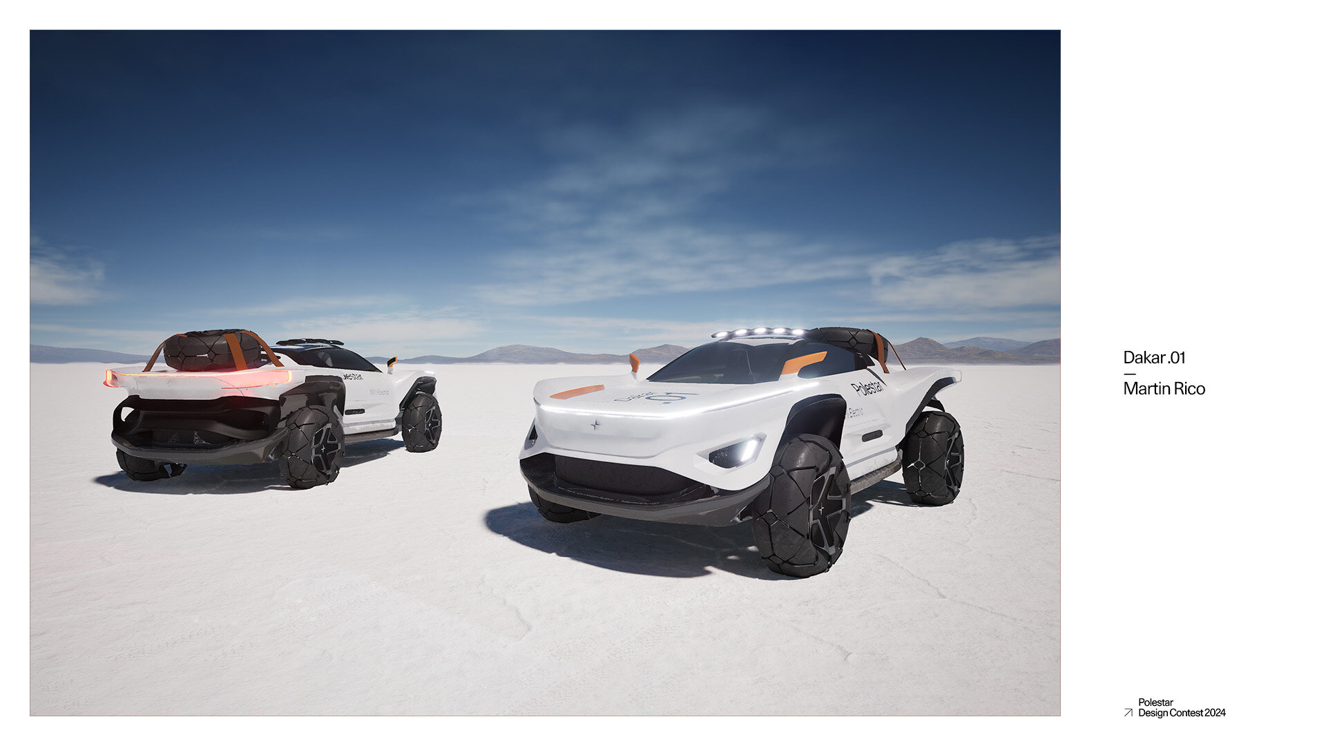 Two Polestar Dakar .01 vehicles parked on white salt flats — one front three-quarter, one rear three-quarter