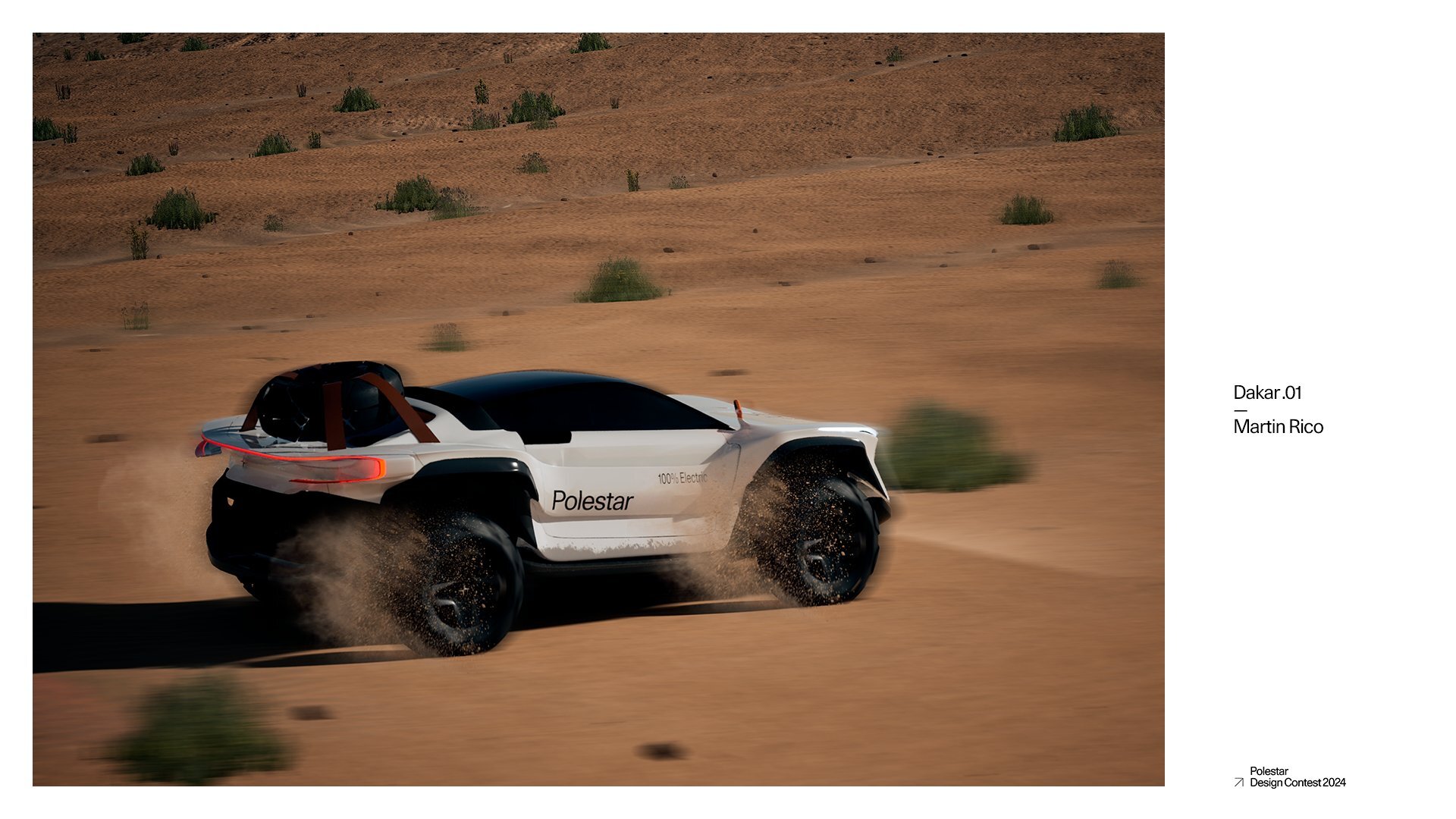 Polestar Dakar .01 in side profile running across desert with motion blur