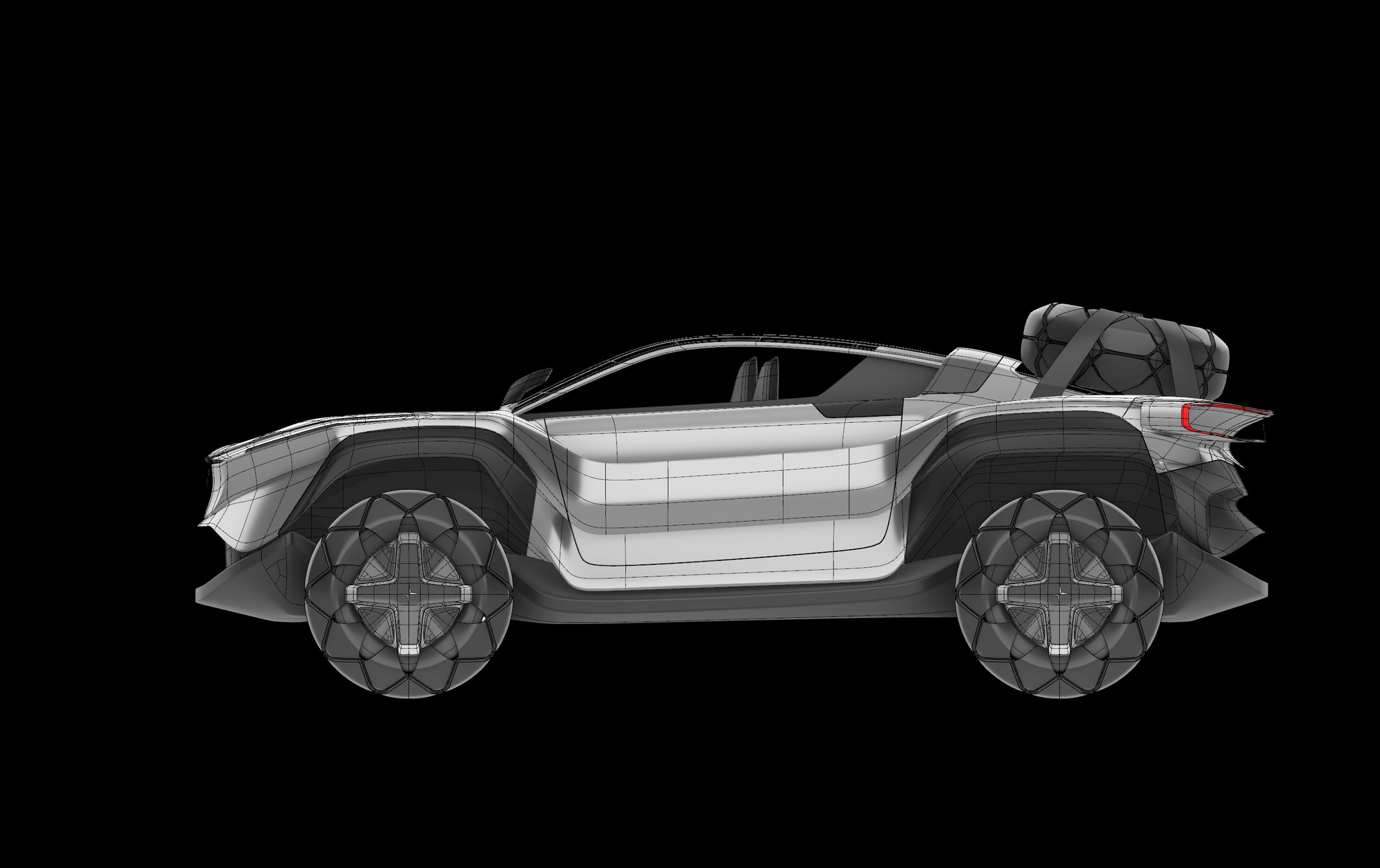Wireframe view of Polestar Dakar .01 from the side showing SubD topology