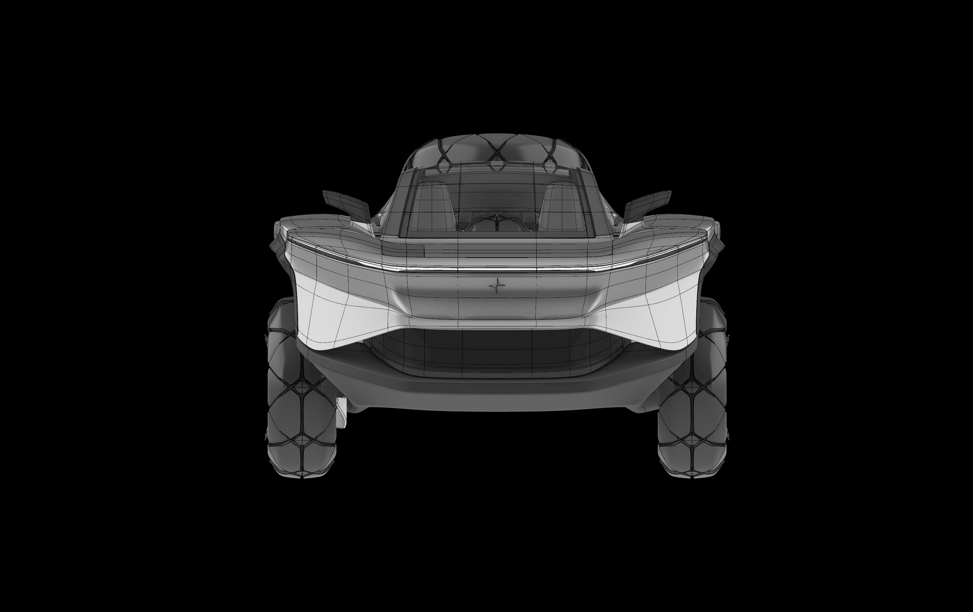 Wireframe view of Polestar Dakar .01 in three-quarter view showing geometry