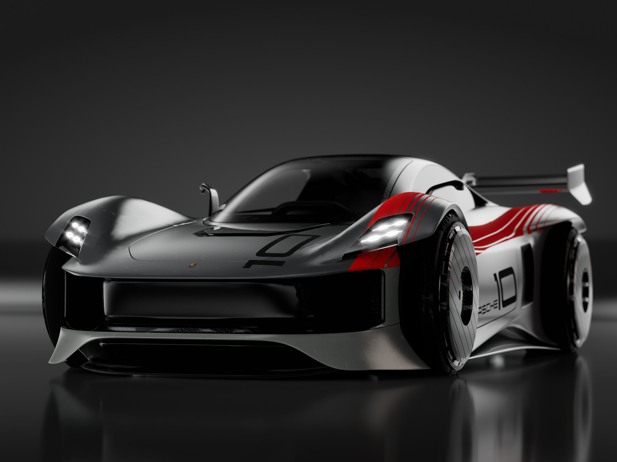 Porsche 10 — black and red livery, front three-quarter detail render