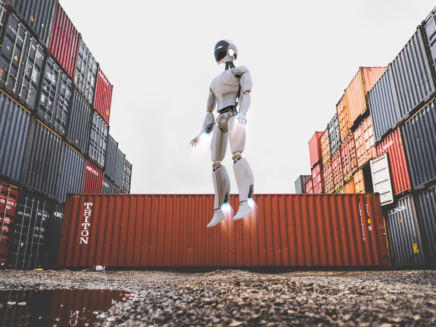 Rocketbot humanoid robot from behind with thrusters firing