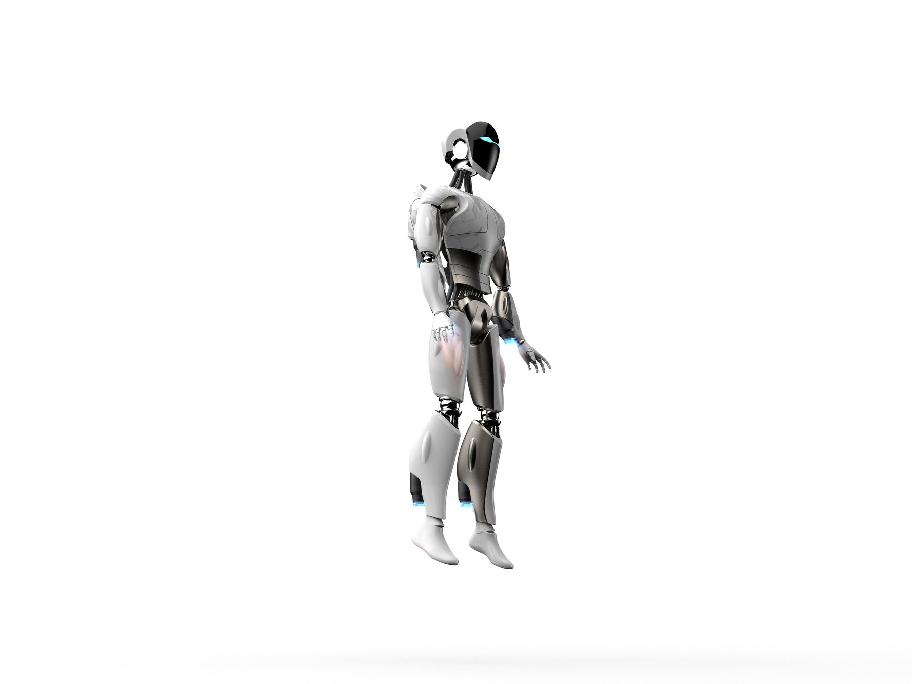 Rocketbot humanoid robot hovering, three-quarter view