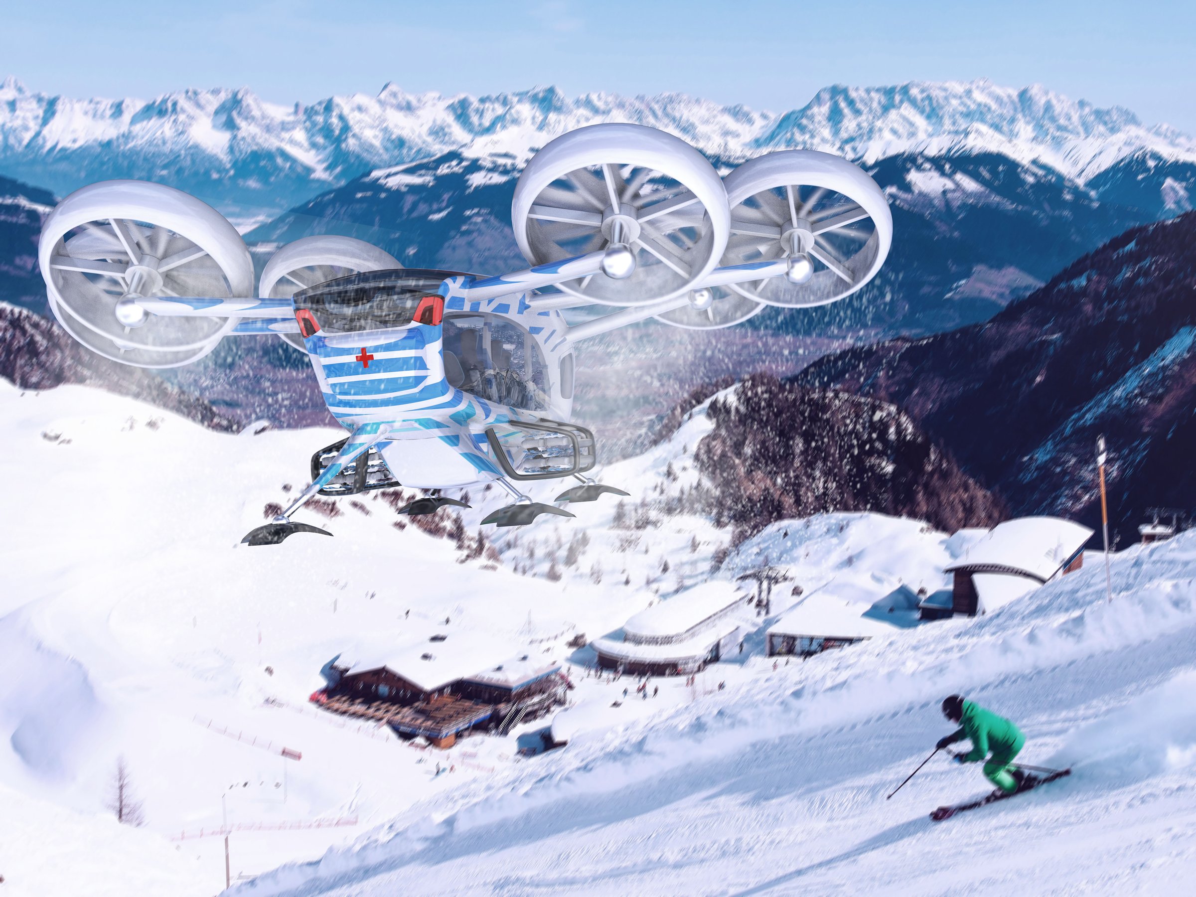 Snowlifter eVTOL flying over high alpine peaks