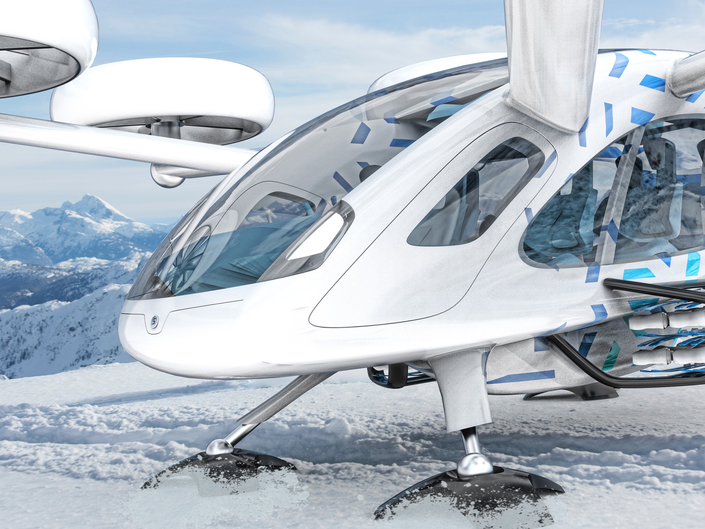 Snowlifter eVTOL carrying skiers over an off-piste slope