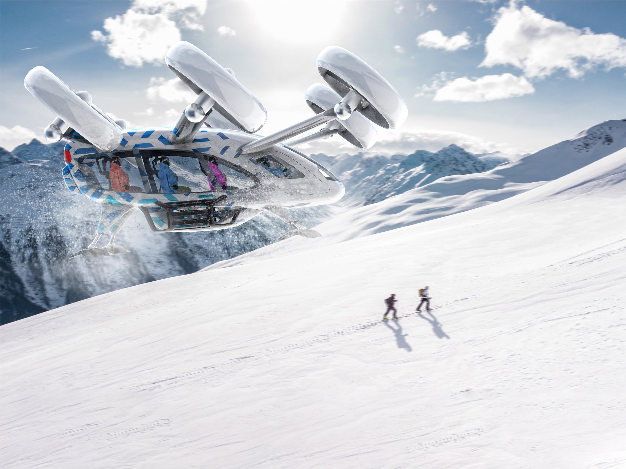 Snowlifter eVTOL in medevac configuration above an alpine ski resort