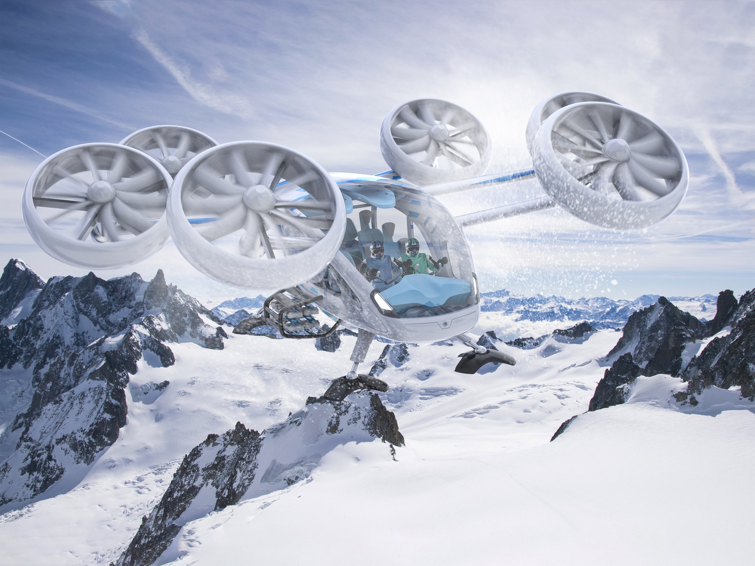 Snowlifter eVTOL on a piste with a skier passing