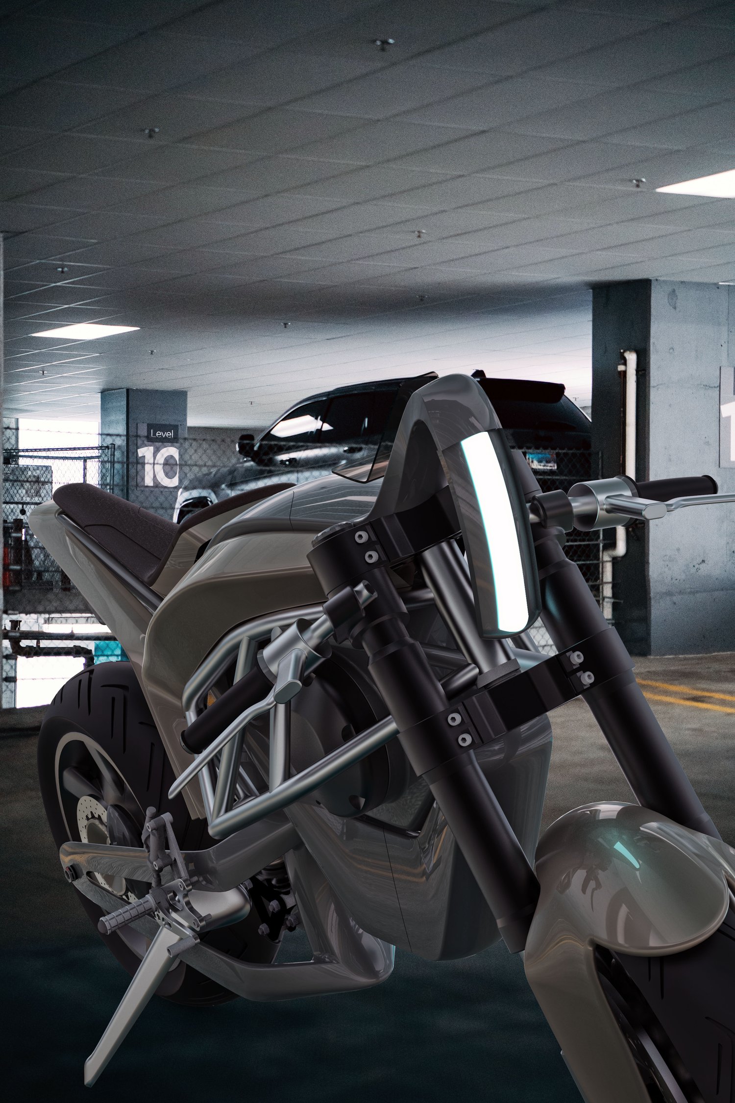 Tesla electric motorcycle concept in a parking garage