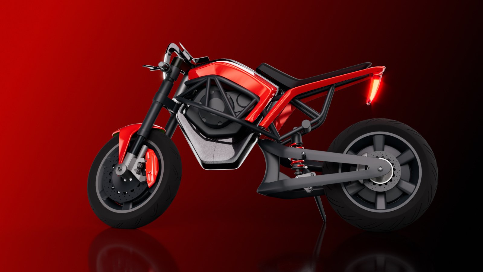 Tesla electric motorcycle concept, side profile on red