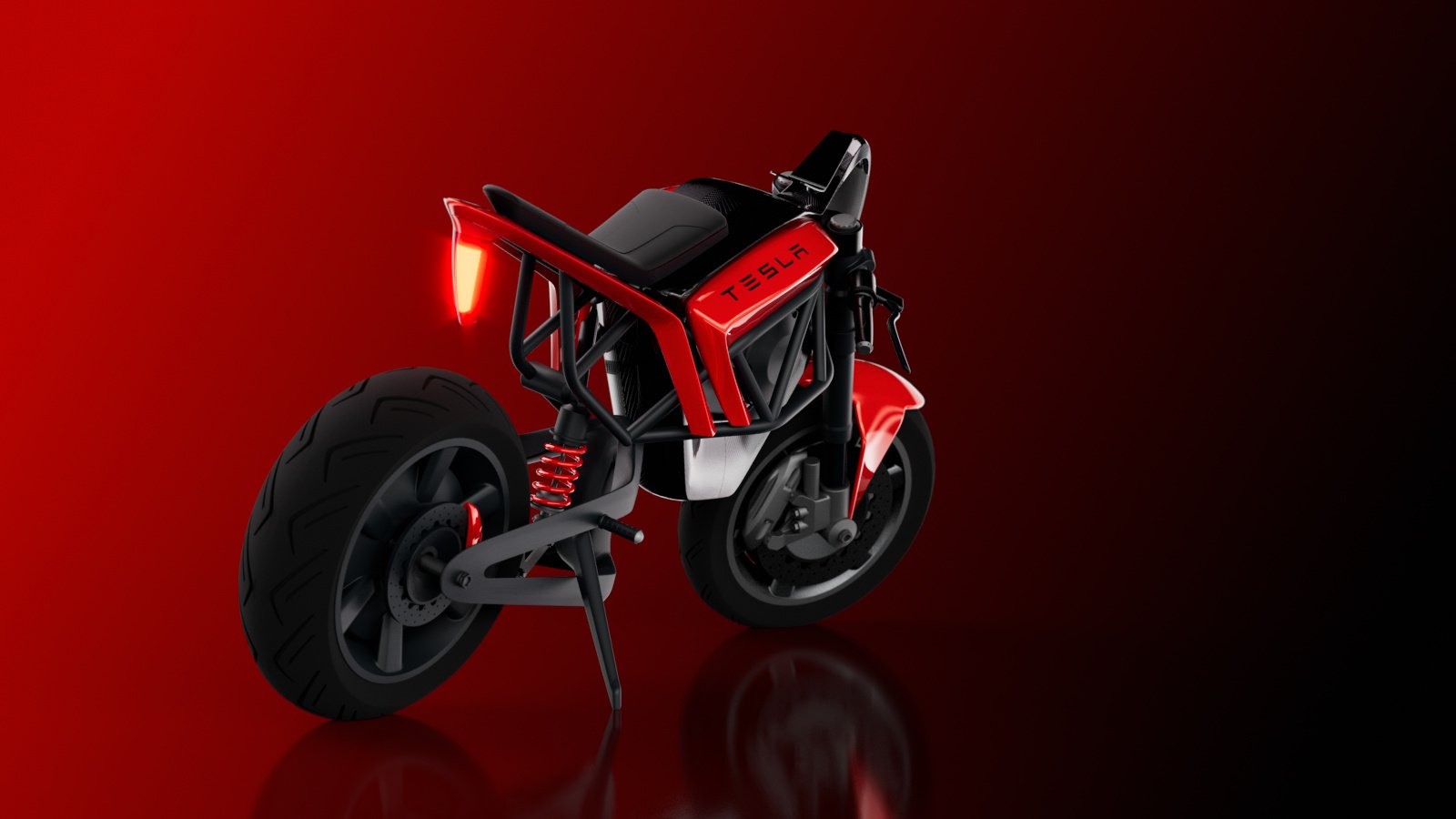 Tesla electric motorcycle concept, rear three-quarter view