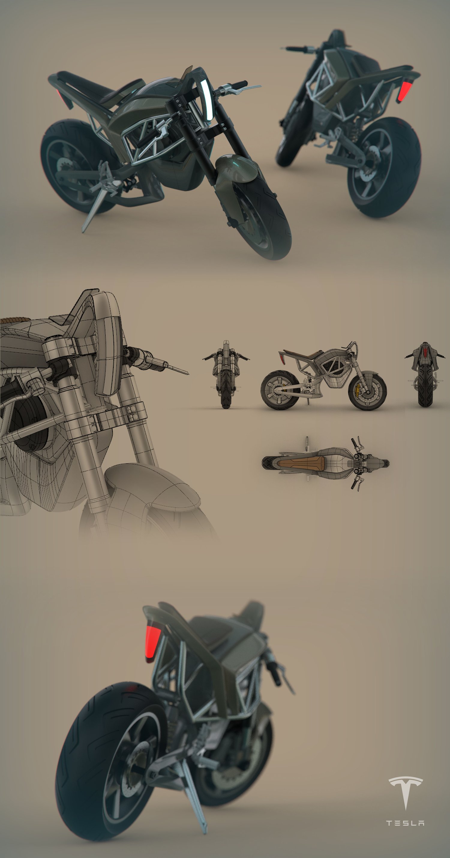 Wireframe and orthographic study sheet of the Tesla motorcycle concept