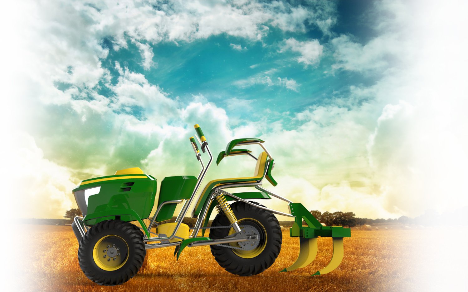 Compact tractor concept, side profile in a harvested field