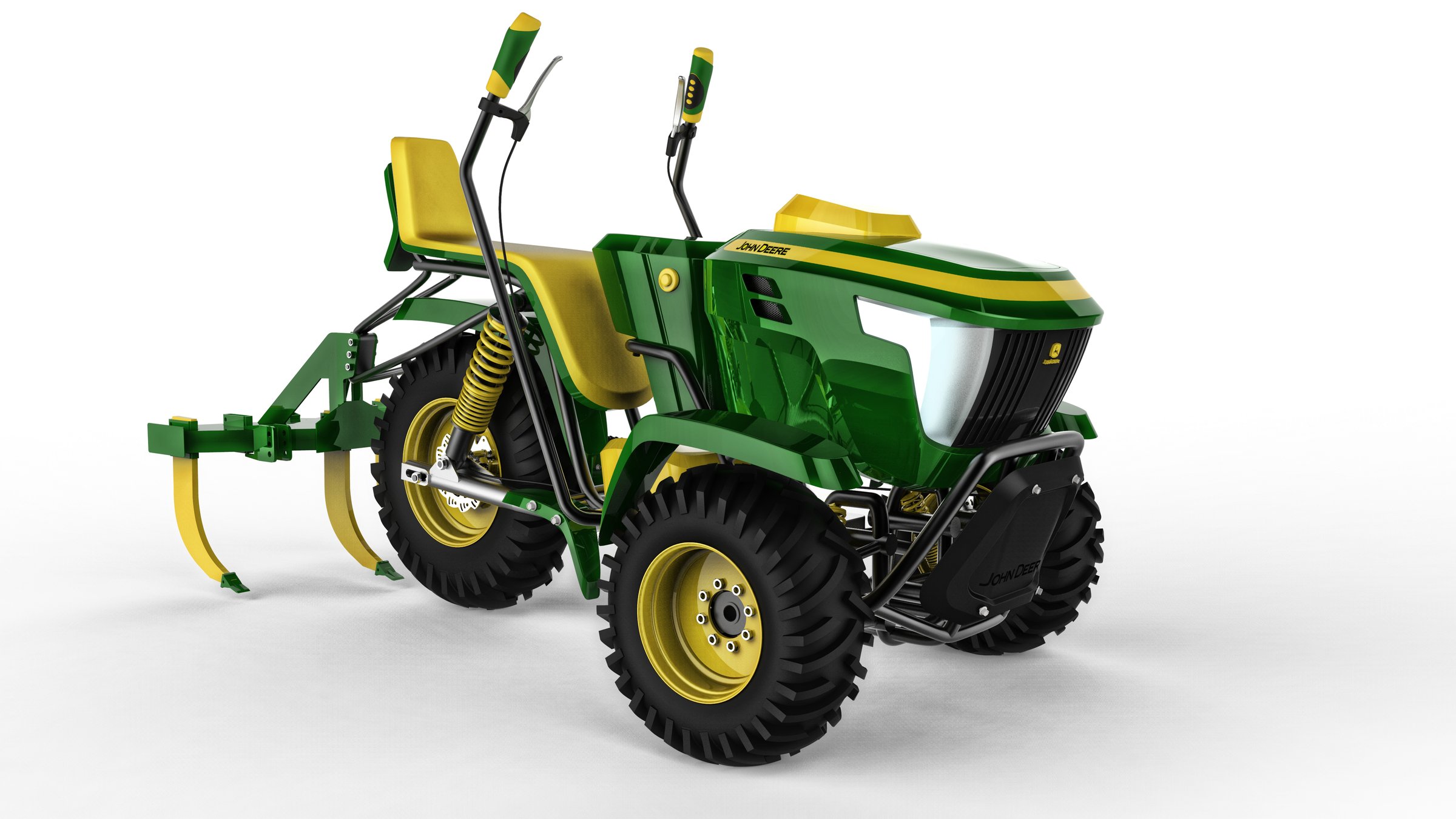 Three-quarter studio render of the tractor concept with rear cultivator implement
