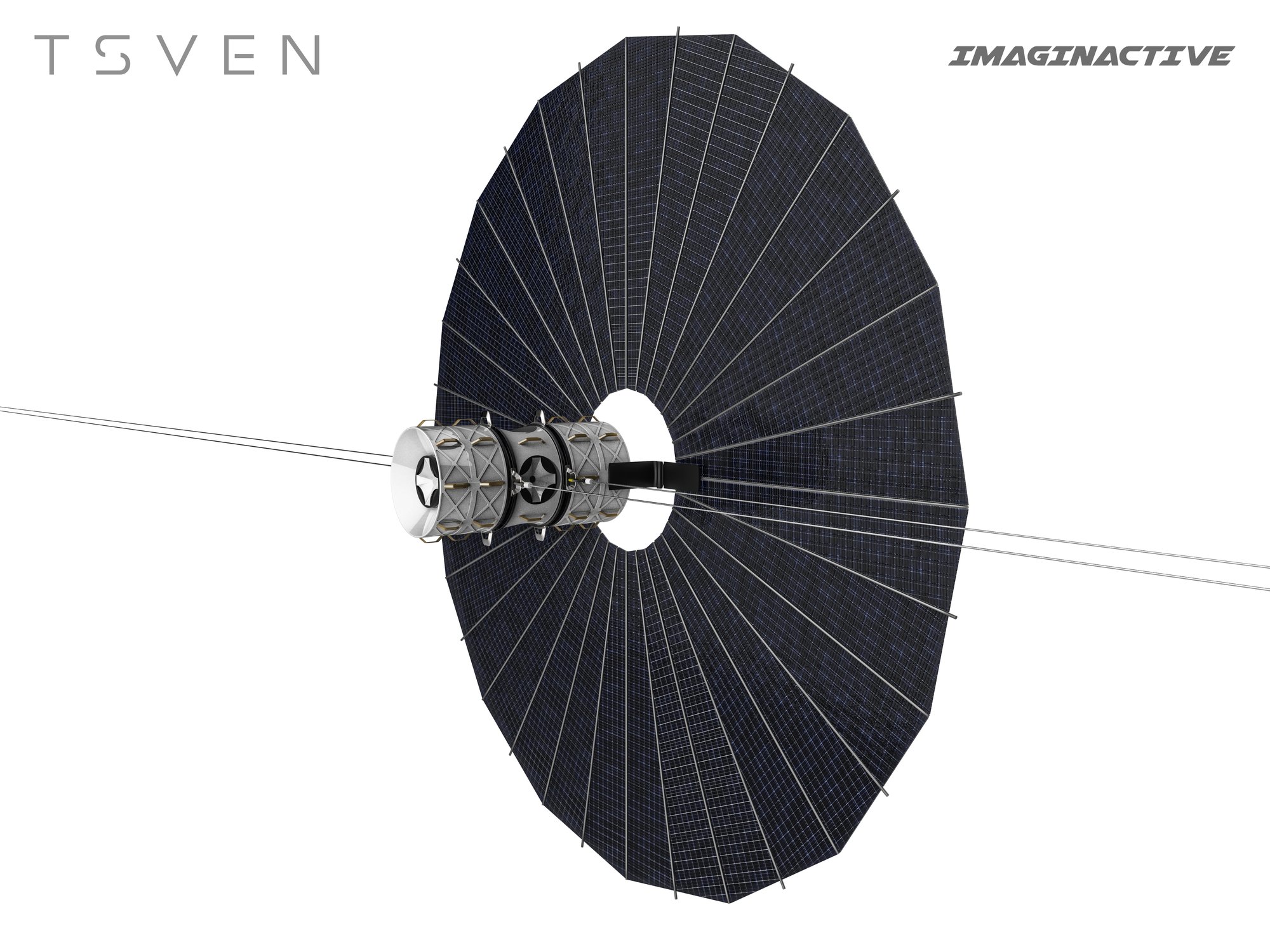 Tsven central hub and deployable solar array seen head-on
