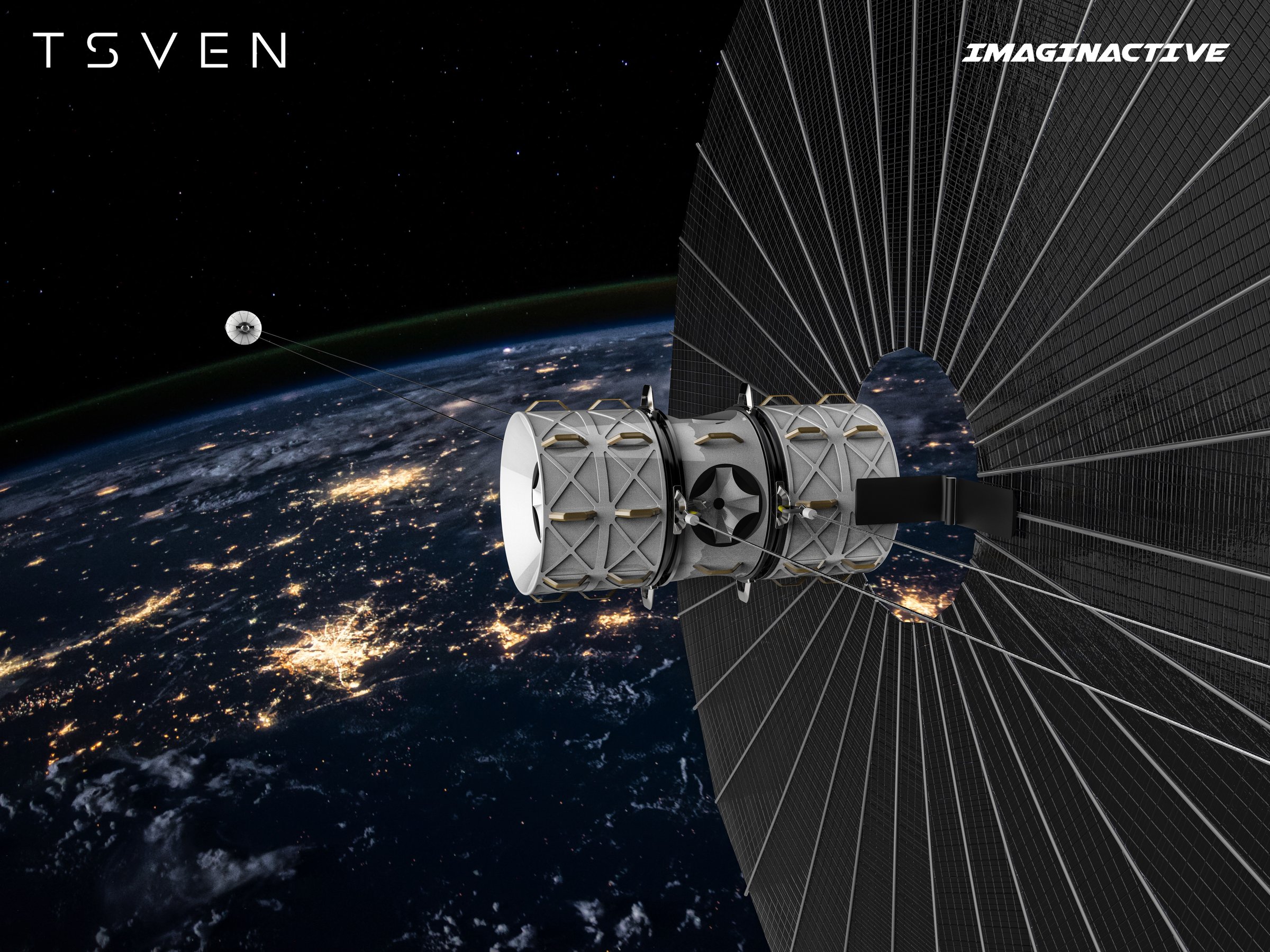 Tsven tethered spacecraft above the night side of Earth
