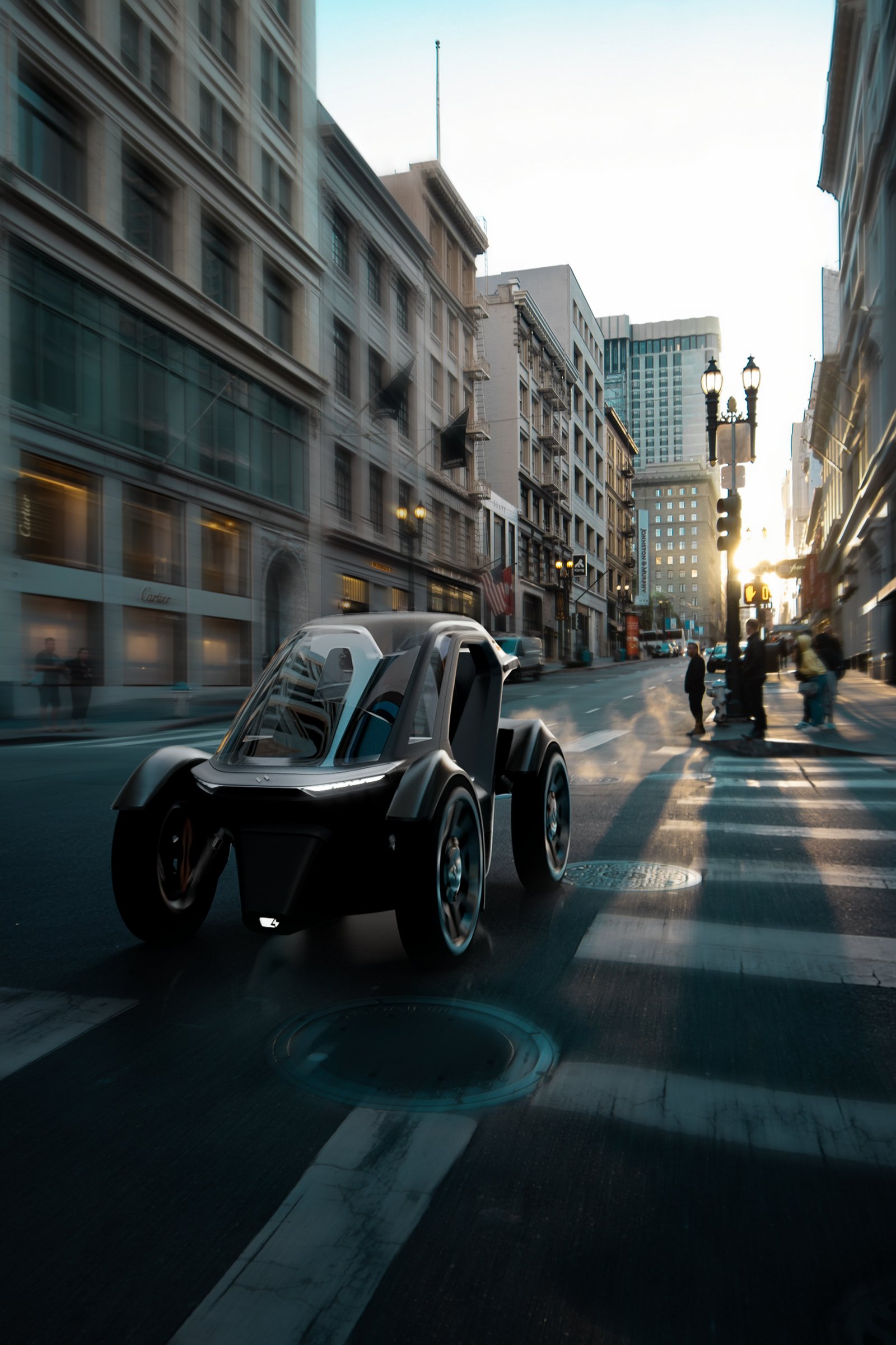 Unicar concept on a downtown street at golden hour