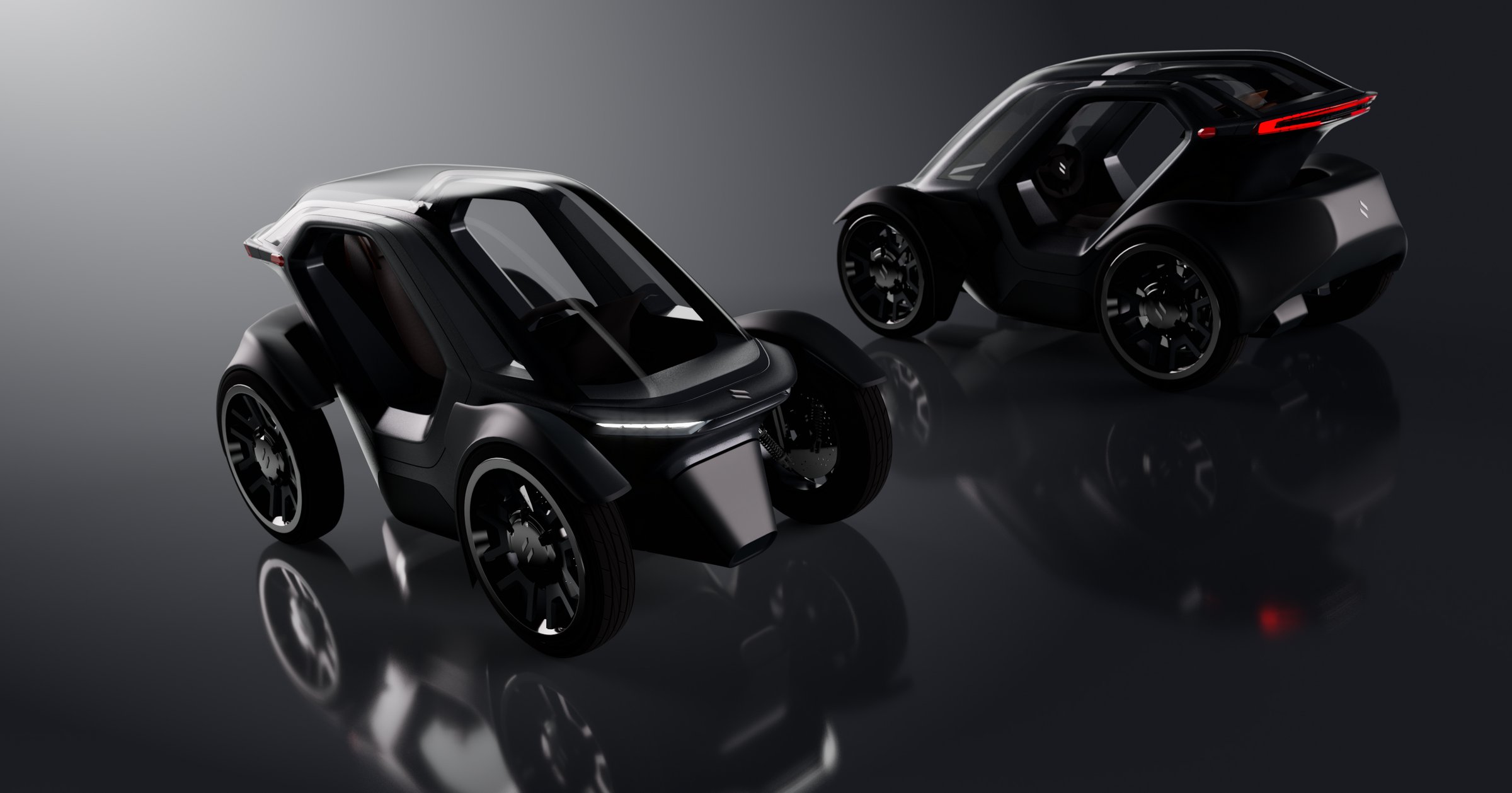 Two Unicar concepts in black, front and rear, studio render