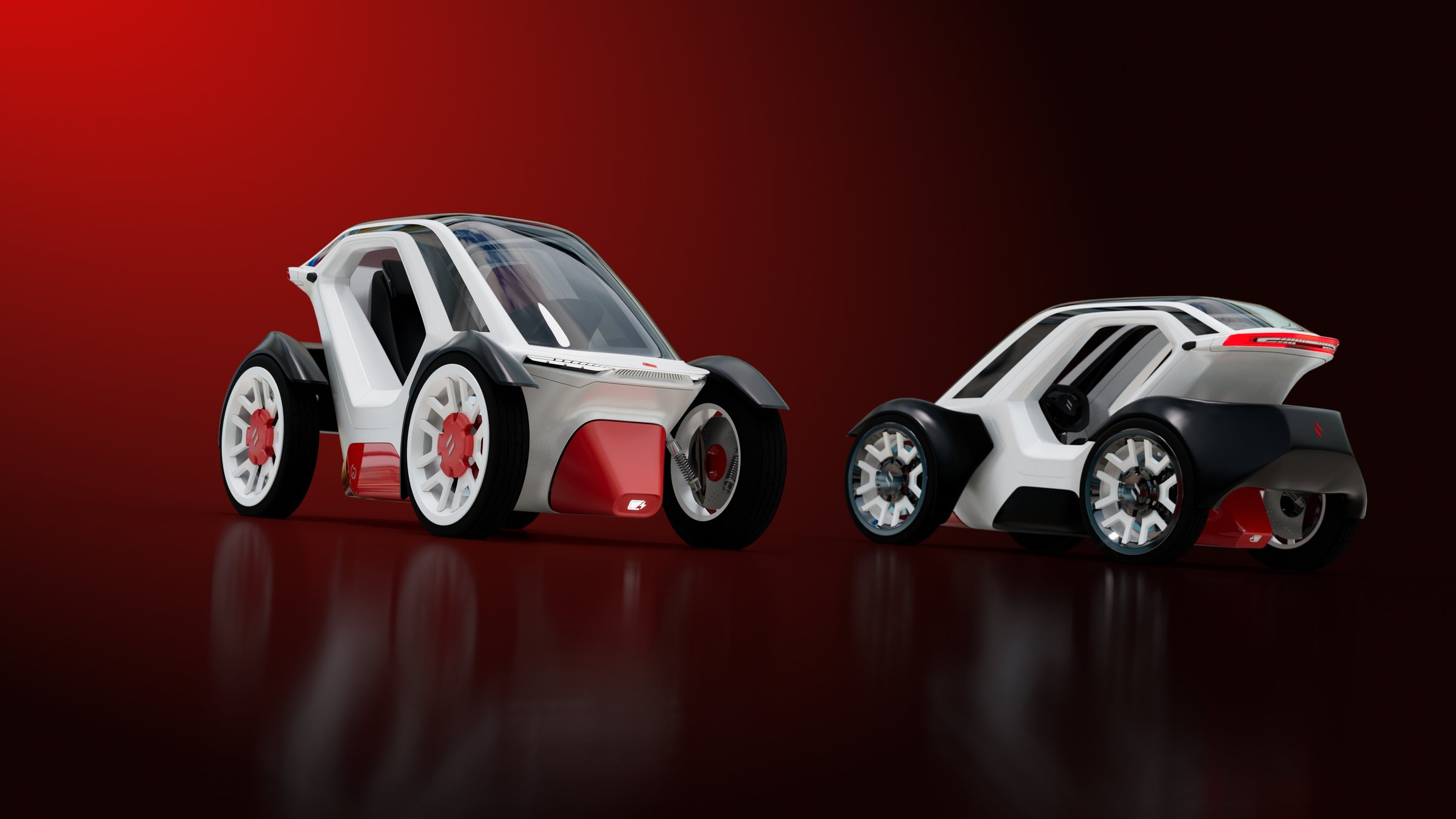 Two Unicar concepts in white/red livery on a red background
