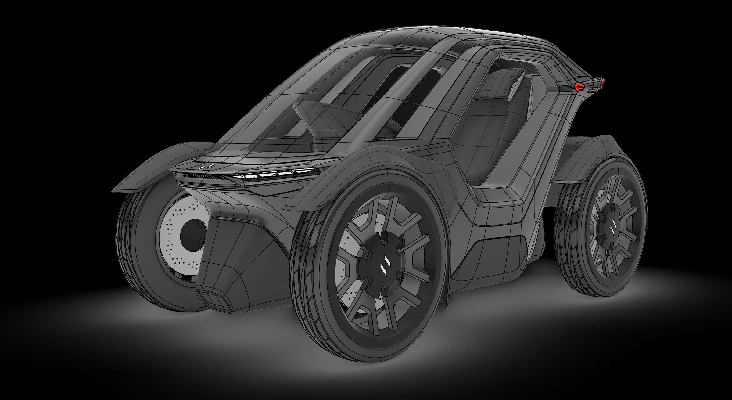 Unicar concept clay model with wireframe topology, front three-quarter