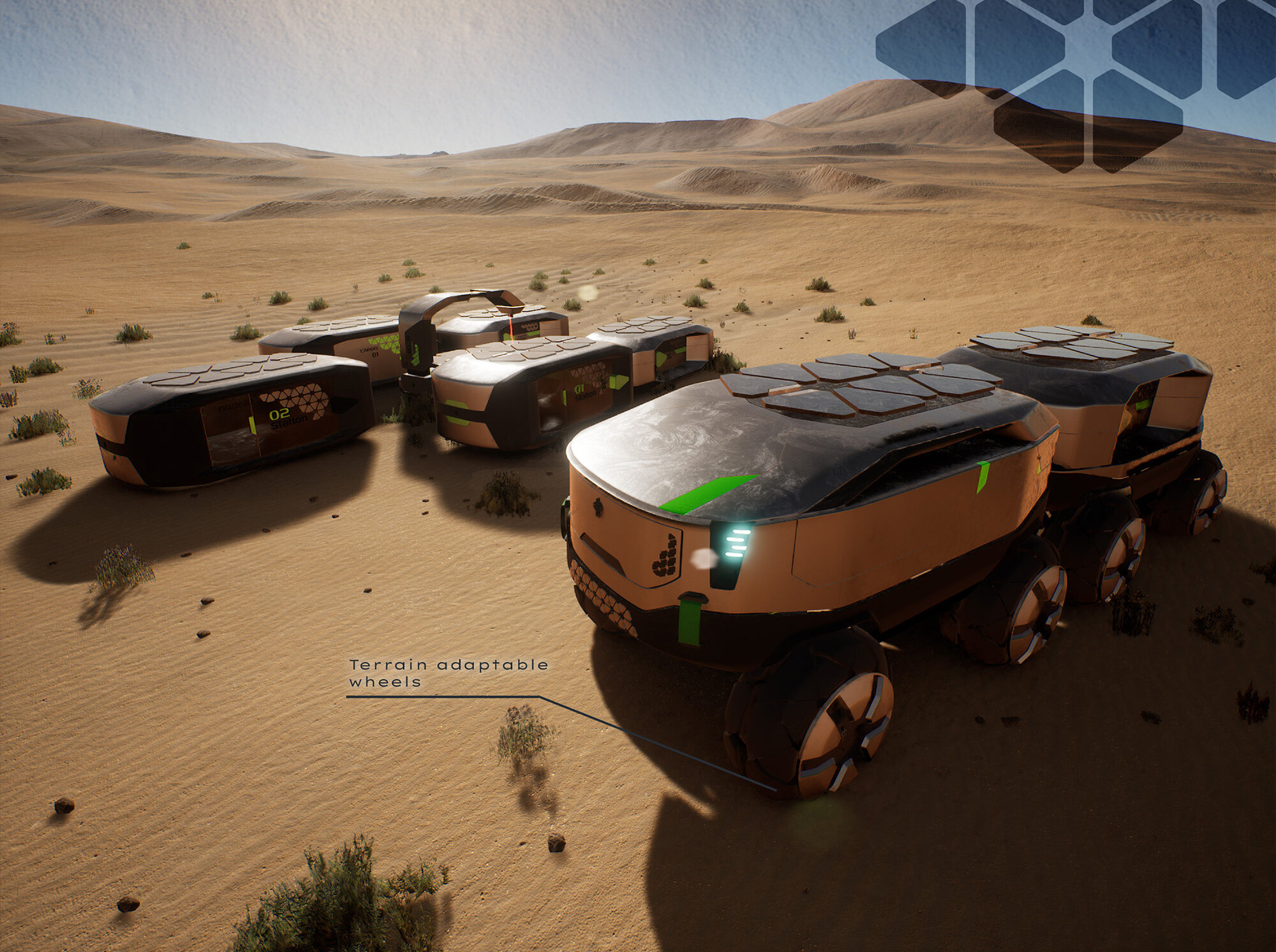 Aerial view of Unimog Rover modules spread across desert terrain with terrain-adaptable wheels callout