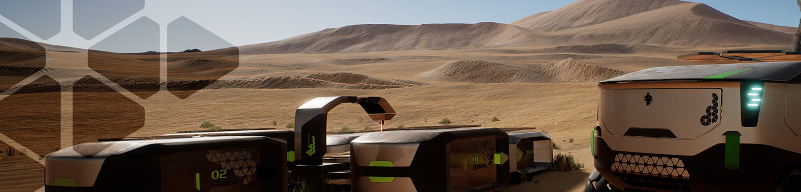 Unimog Rover concept — modular vehicles arranged in an open desert camp configuration