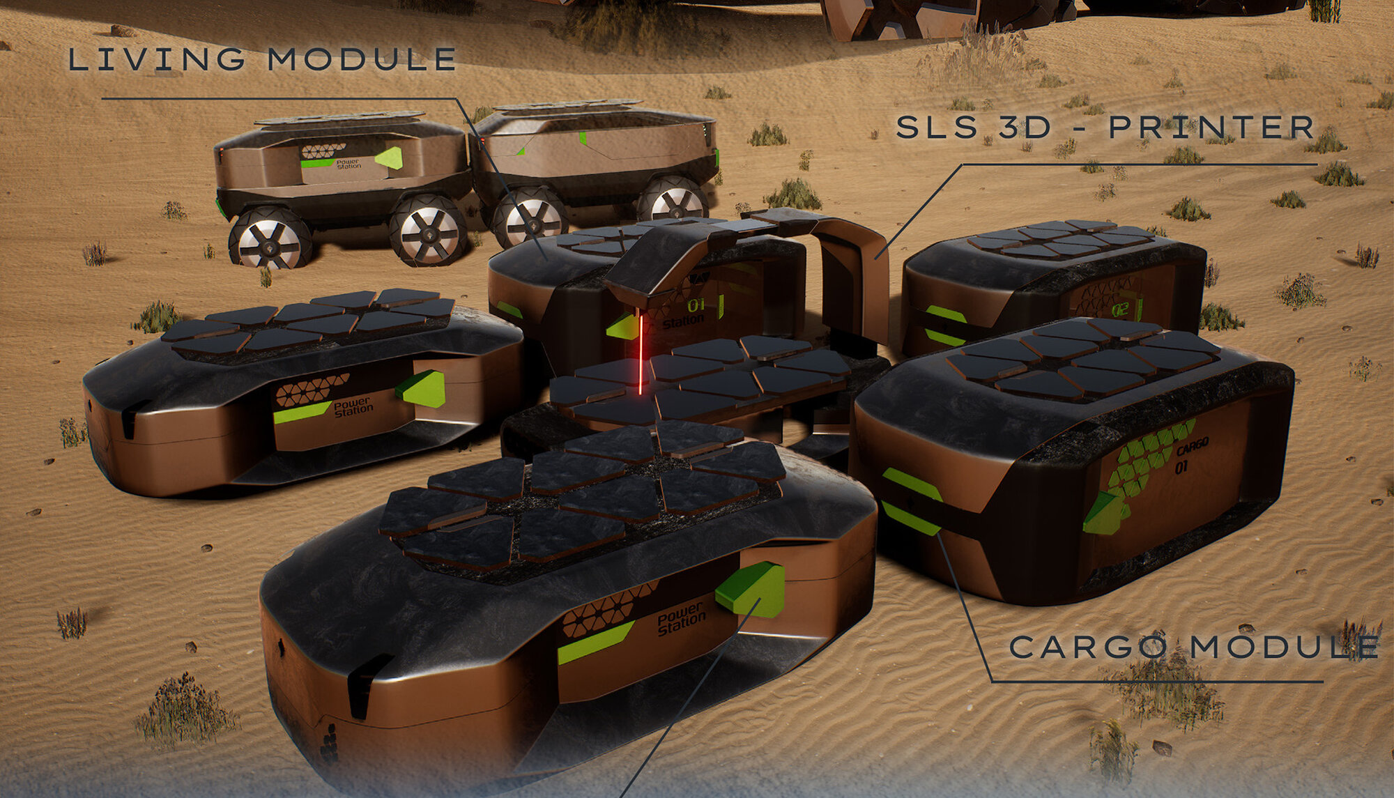 Unimog Rover concept modules — Living Module, SLS 3D-Printer Module, Cargo Module, Power Module — annotated diagram view